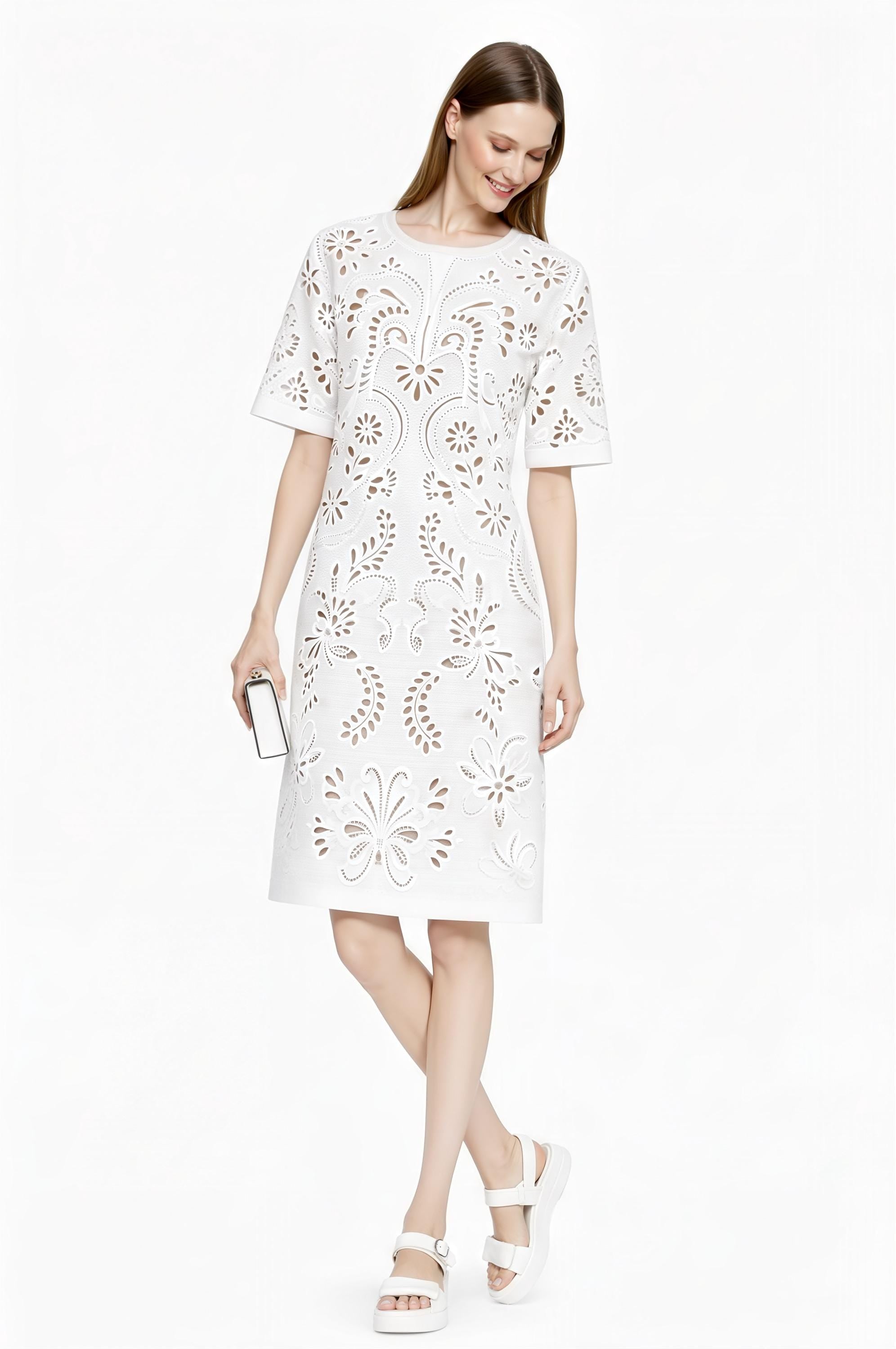 Ivory Eyelet Print T-Shirt Dress, Lace-Look Mini Shift, Summer Feminine白 Dress __etsy:7764010010