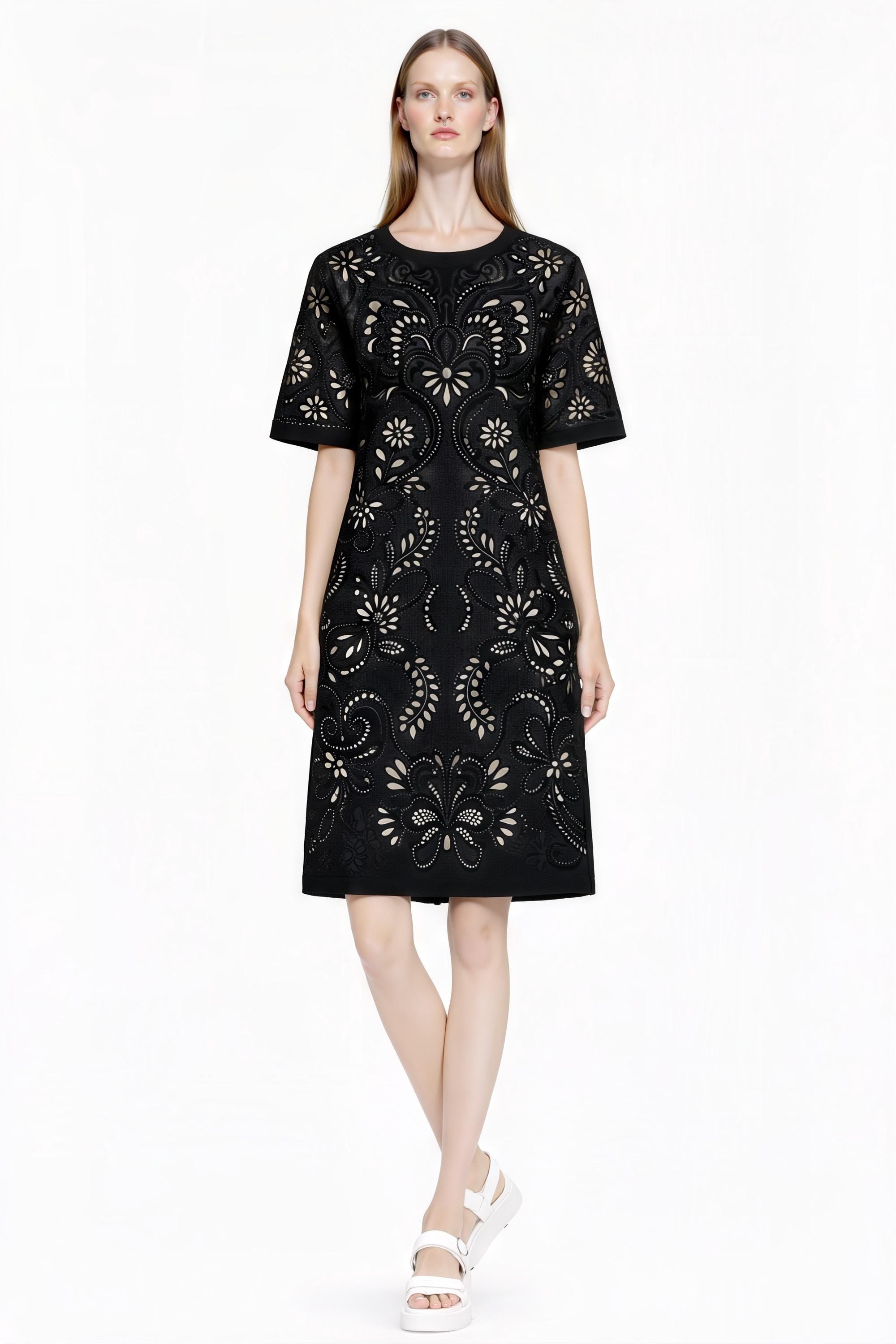 Ivory Eyelet Print T-Shirt Dress, Lace-Look Mini Shift, Summer Feminine白 Dress __etsy:7764010012