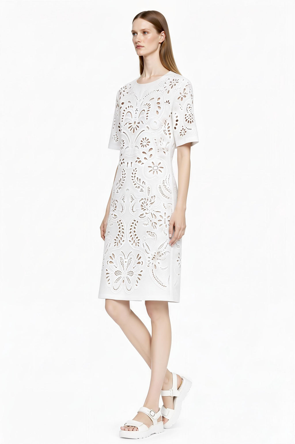 Ivory Eyelet Print T-Shirt Dress, Lace-Look Mini Shift, Summer Feminine白 Dress __etsy:7764010020