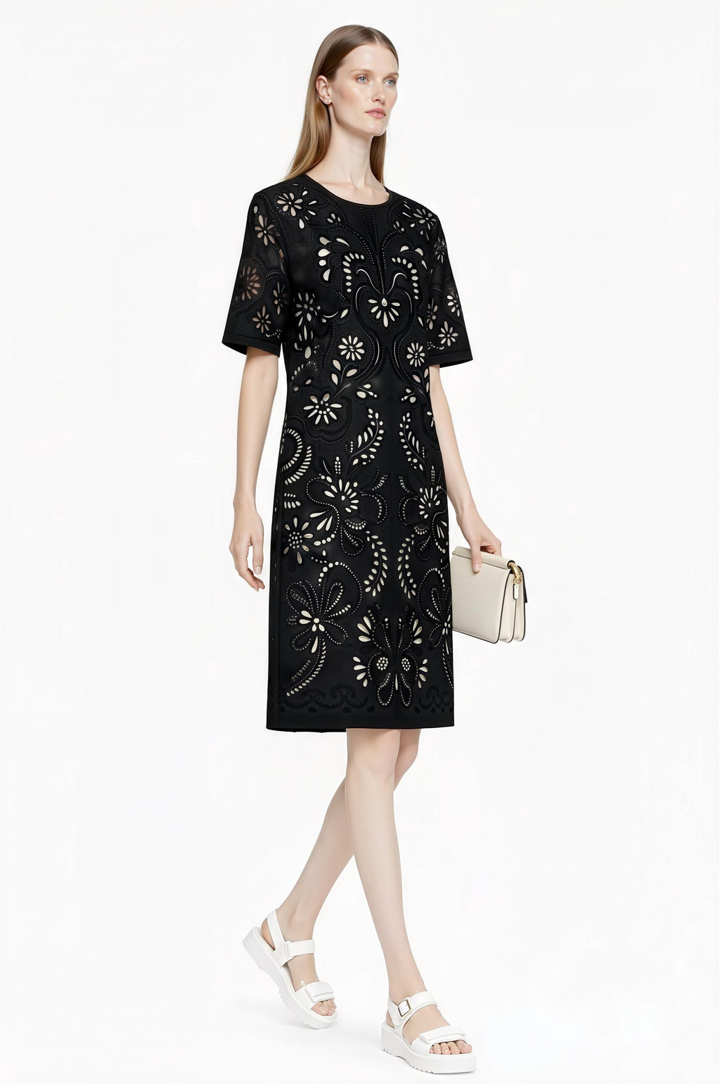 Ivory Eyelet Print T-Shirt Dress, Lace-Look Mini Shift, Summer Feminine白 Dress __etsy:7764010080