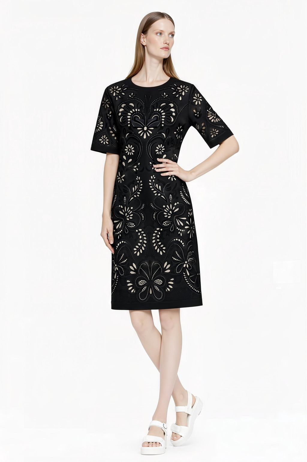 Ivory Eyelet Print T-Shirt Dress, Lace-Look Mini Shift, Summer Feminine白 Dress __etsy:7764010084