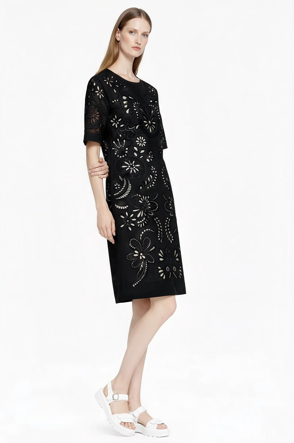 Ivory Eyelet Print T-Shirt Dress, Lace-Look Mini Shift, Summer Feminine白 Dress __etsy:7764010092