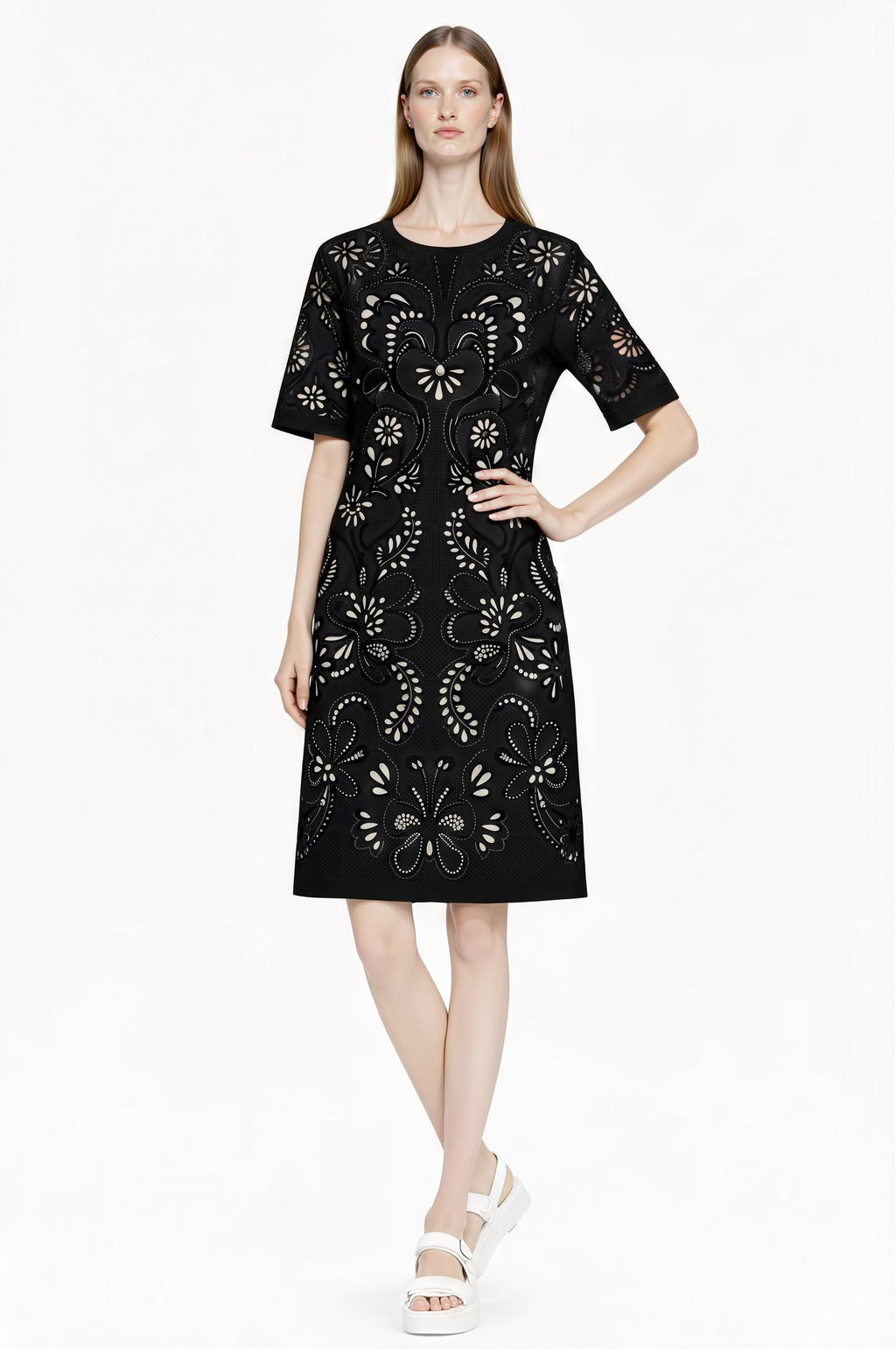 Ivory Eyelet Print T-Shirt Dress, Lace-Look Mini Shift, Summer Feminine白 Dress __etsy:7764010114