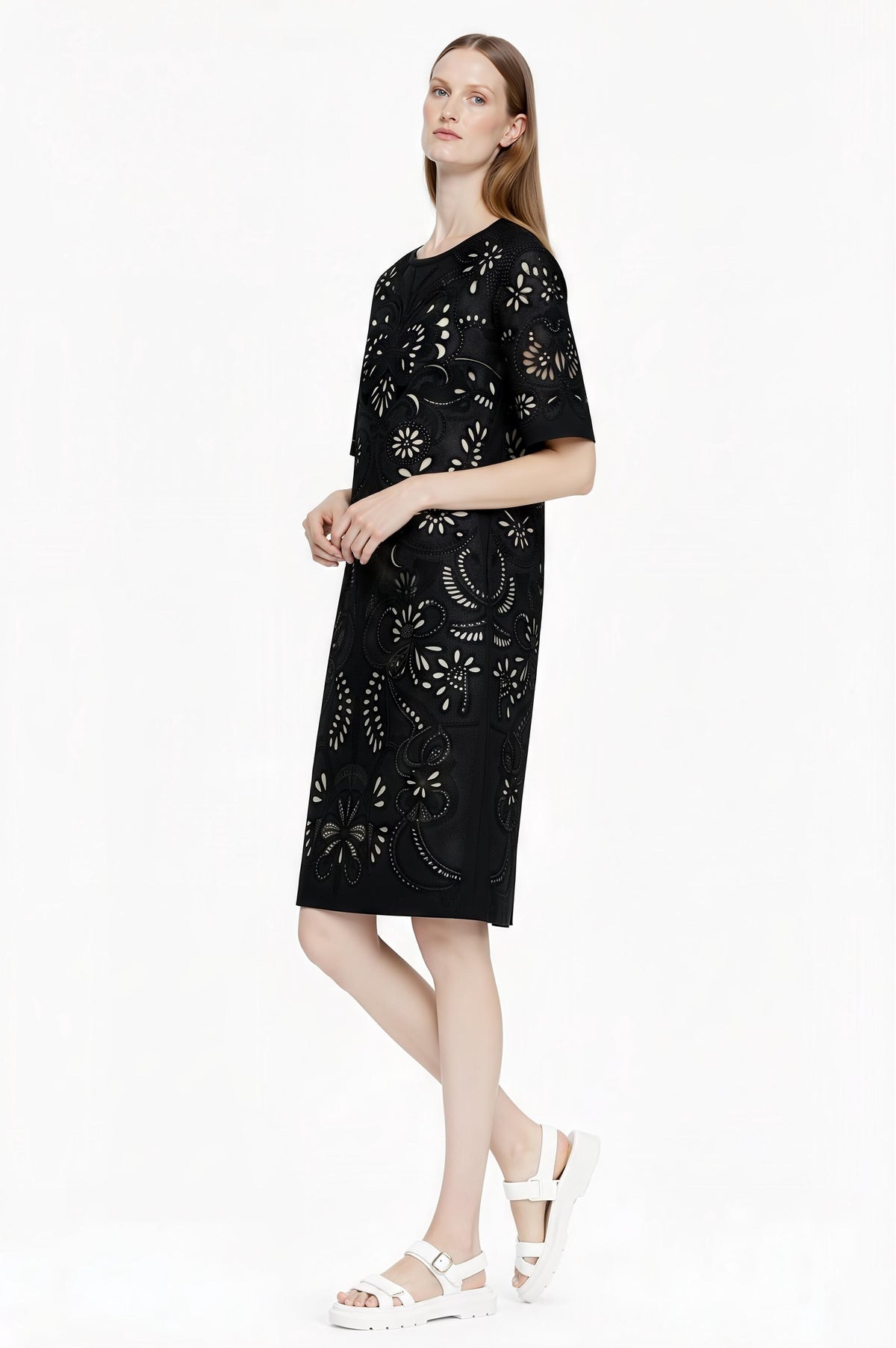 Ivory Eyelet Print T-Shirt Dress, Lace-Look Mini Shift, Summer Feminine白 Dress __etsy:7764010118