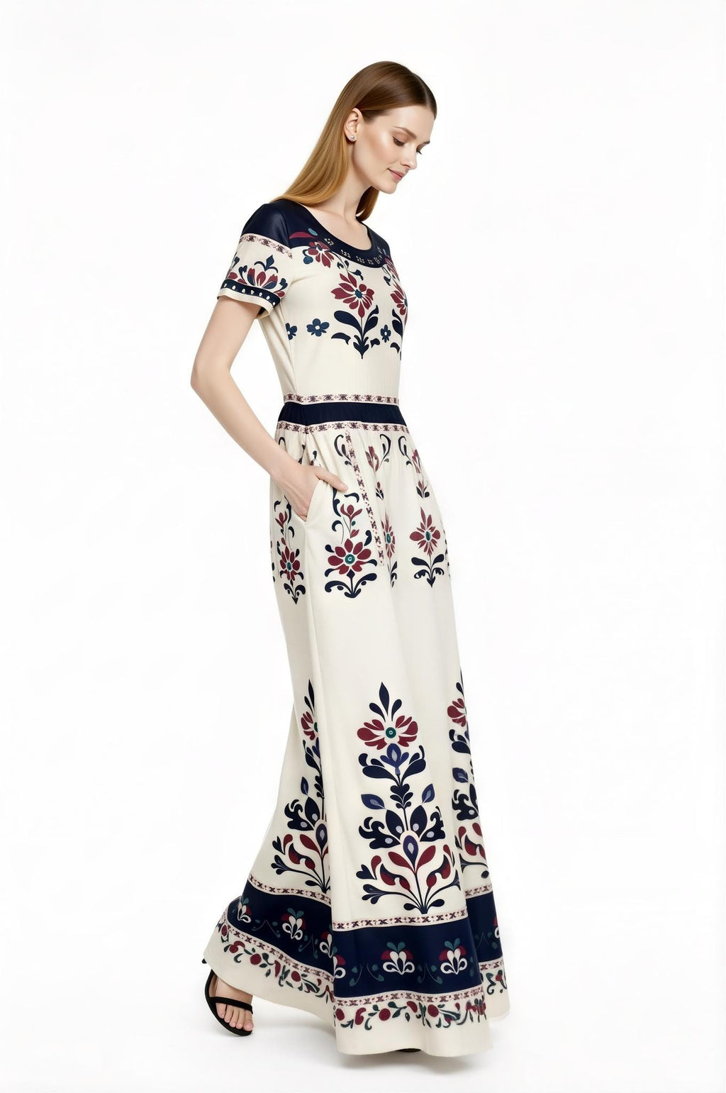 Ivory Floral Maxi Dress with Short Sleeves and Side Pockets A-Line Silhouette __etsy:7764270697