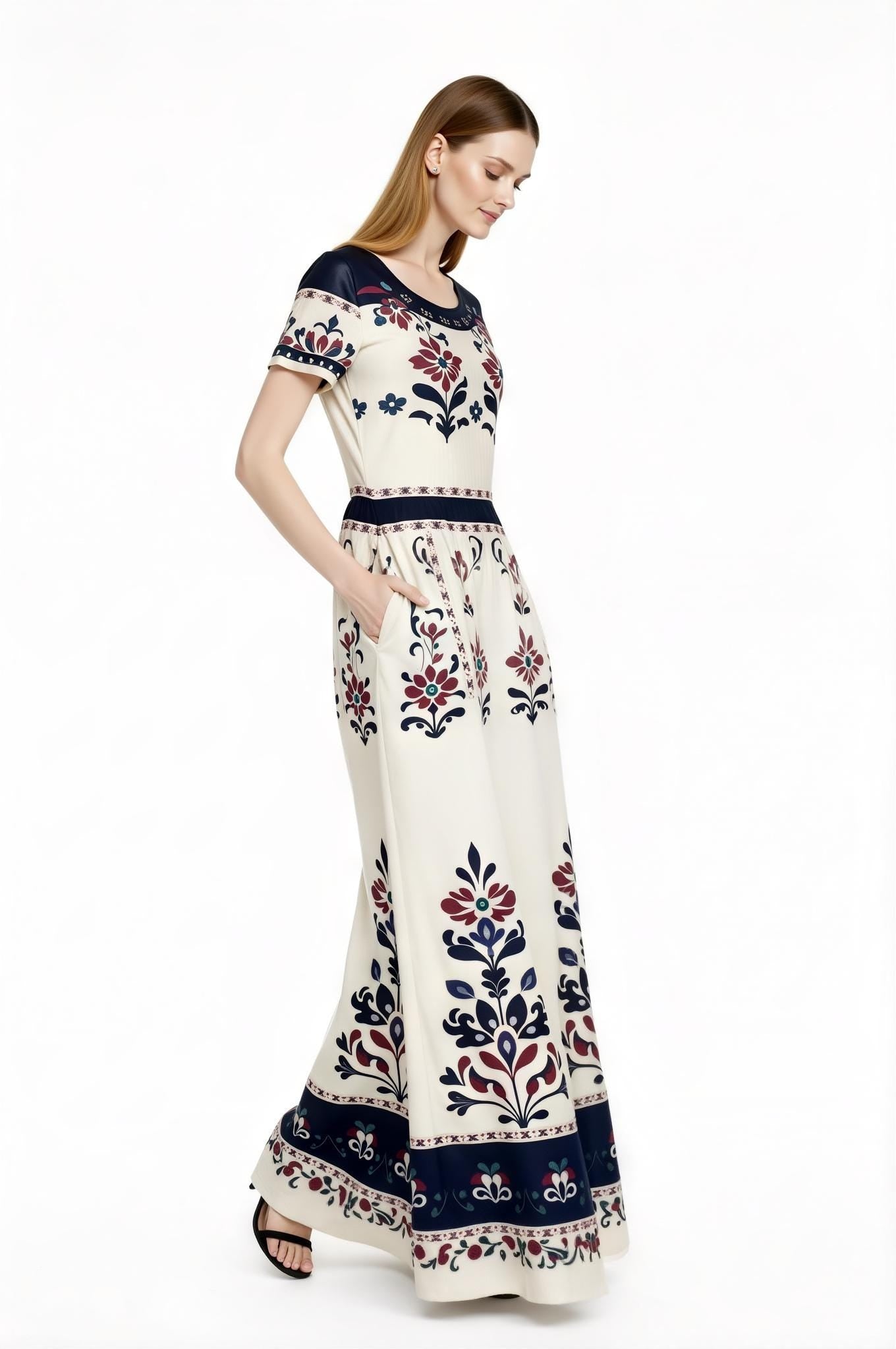 Ivory Floral Maxi Dress with Short Sleeves and Side Pockets A-Line Silhouette __etsy:7764270697