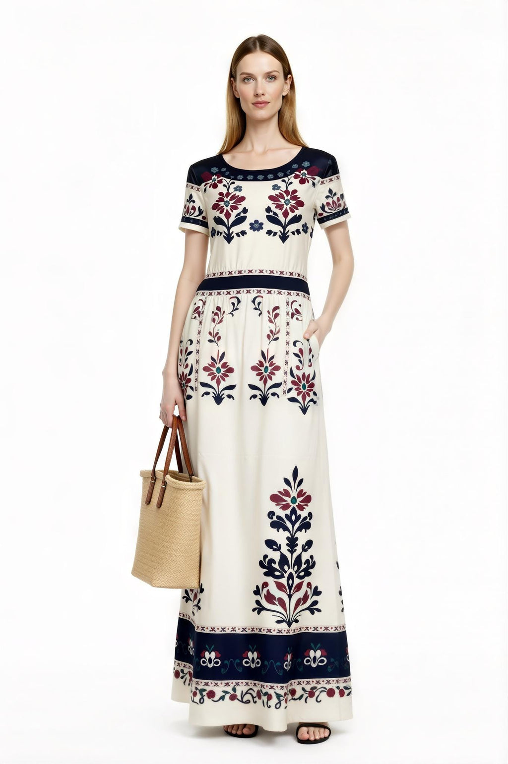 Ivory Floral Maxi Dress with Short Sleeves and Side Pockets A-Line Silhouette __etsy:7764270699