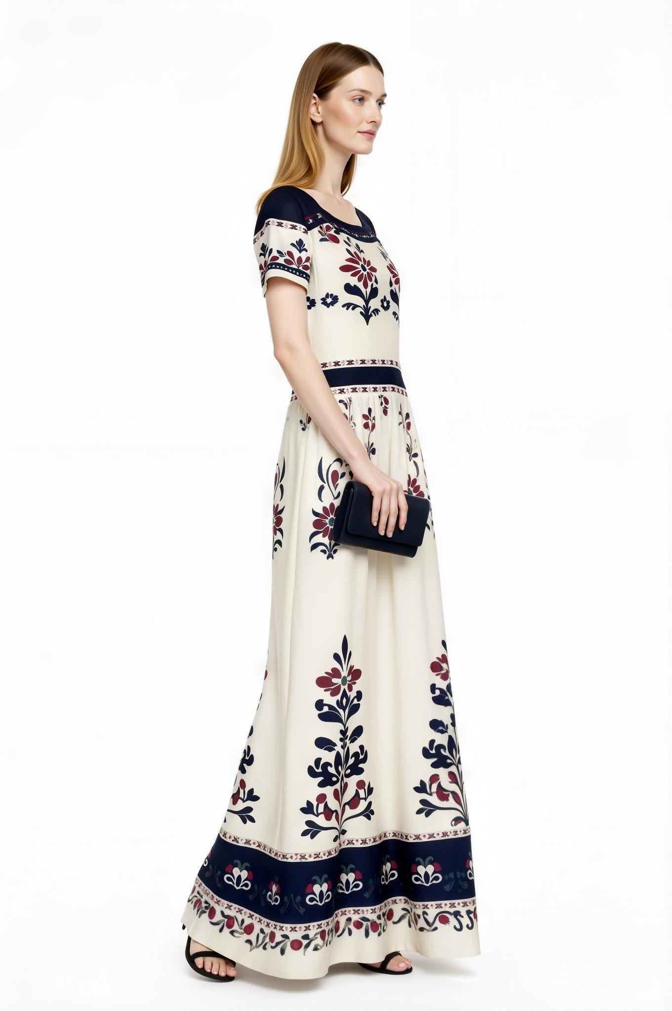 Ivory Floral Maxi Dress with Short Sleeves and Side Pockets A-Line Silhouette __etsy:7764270703