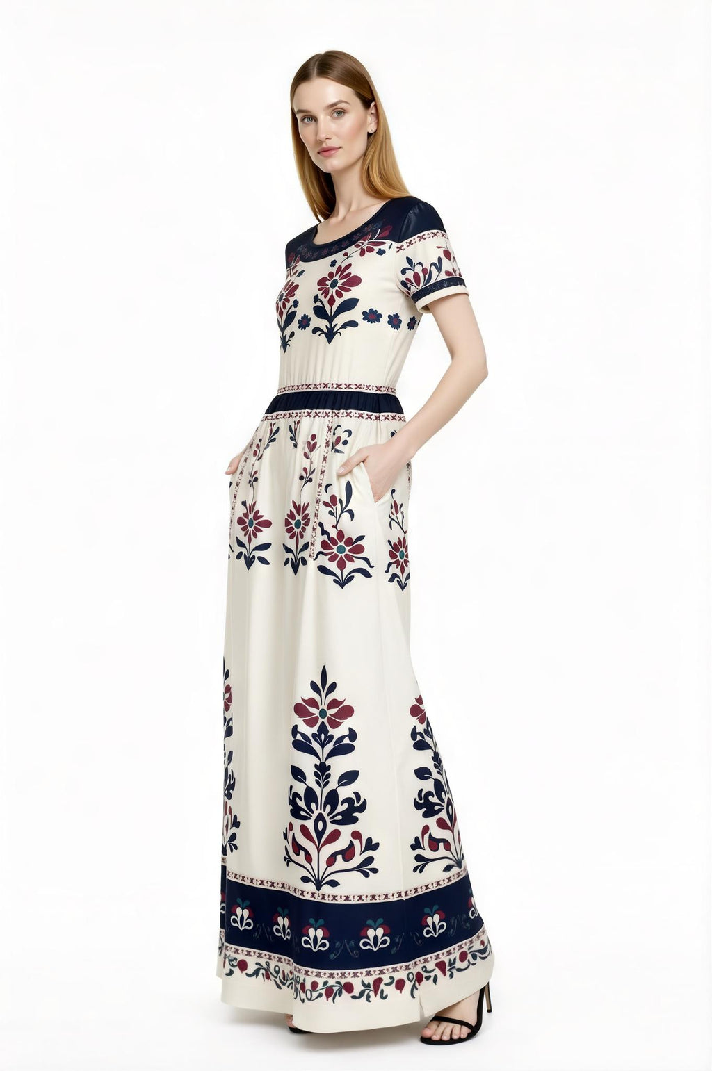 Ivory Floral Maxi Dress with Short Sleeves and Side Pockets A-Line Silhouette __etsy:7764270707