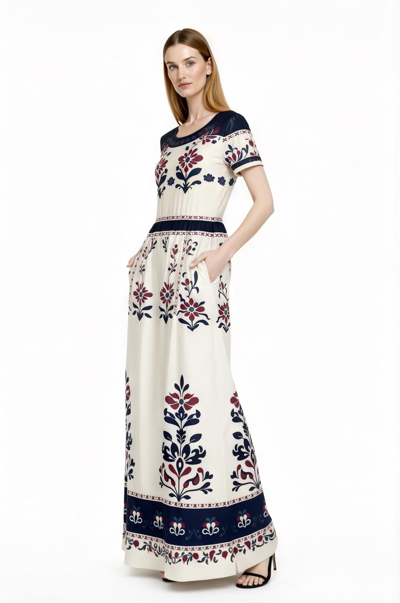 Ivory Floral Maxi Dress with Short Sleeves and Side Pockets A-Line Silhouette __etsy:7764270707