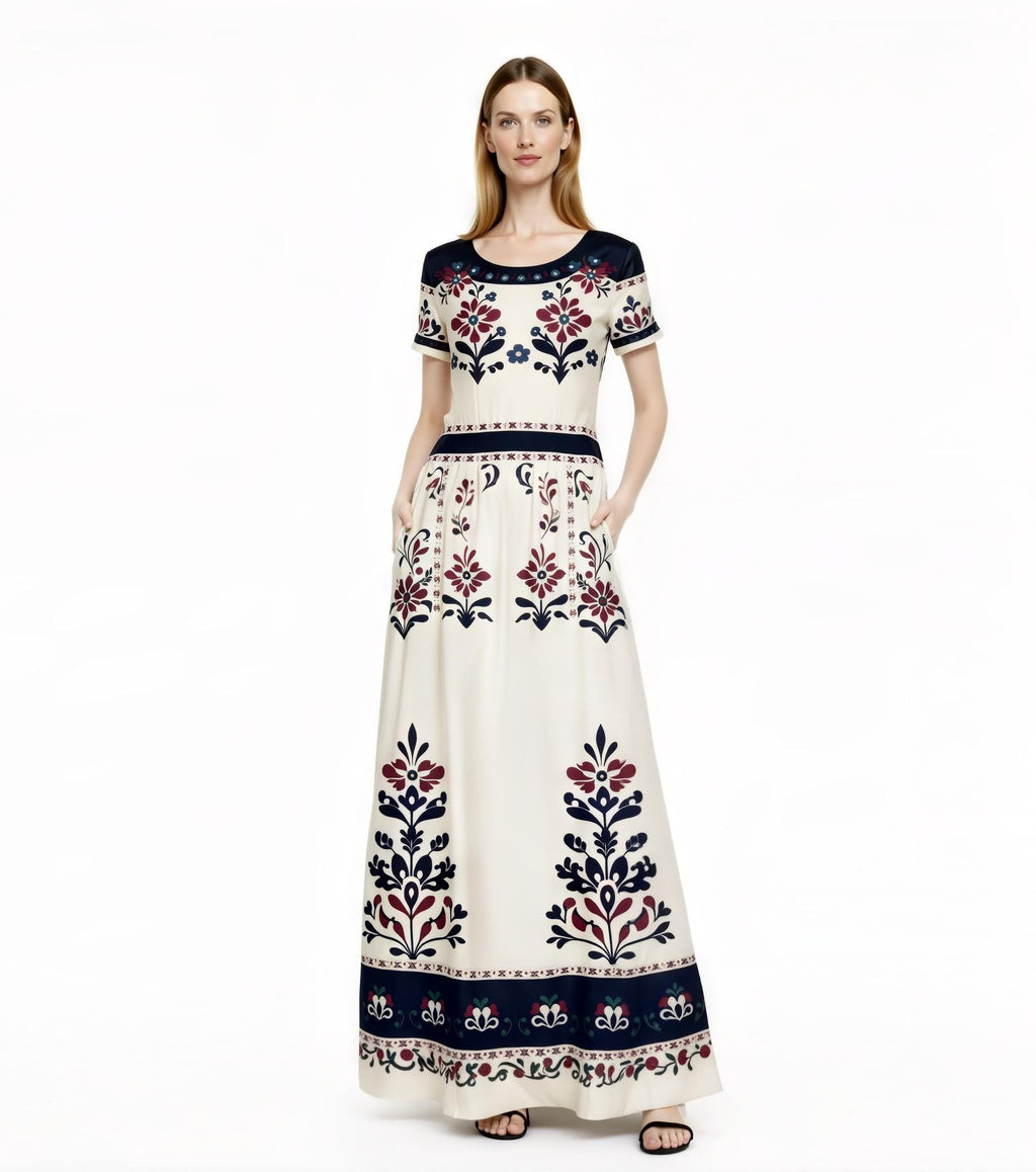 Ivory Floral Maxi Dress with Short Sleeves and Side Pockets A-Line Silhouette __etsy:7764351699
