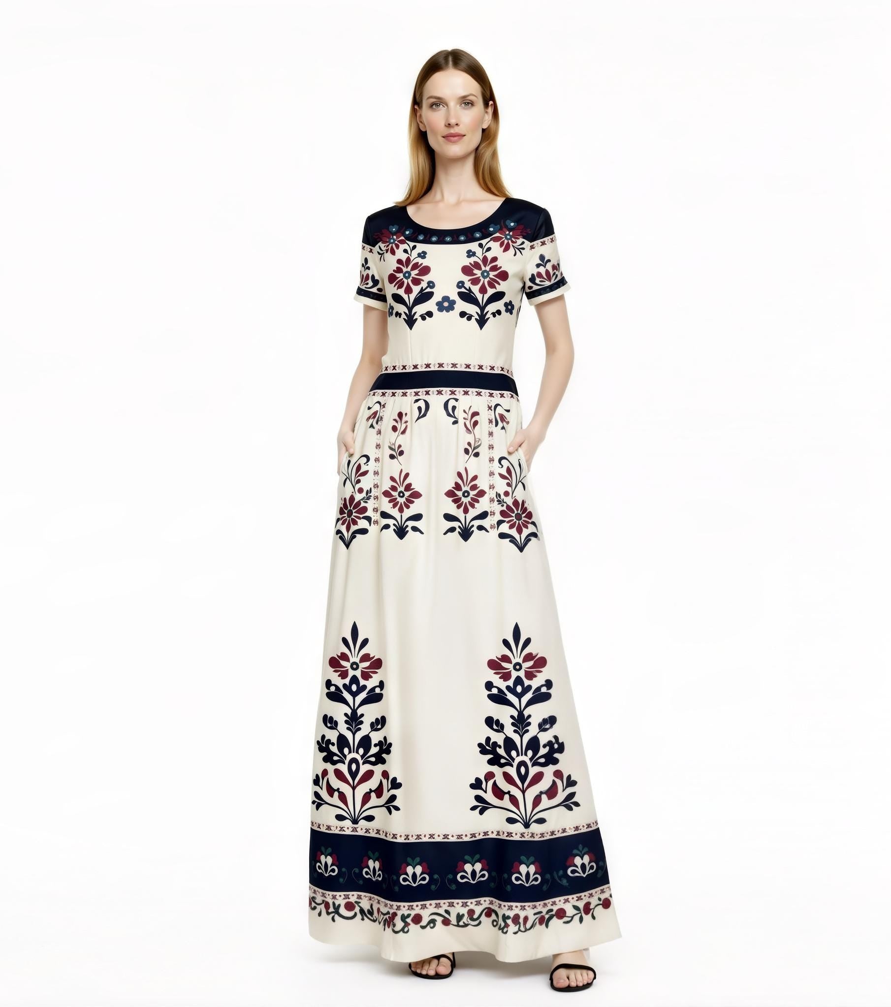Ivory Floral Maxi Dress with Short Sleeves and Side Pockets A-Line Silhouette __etsy:7764351699
