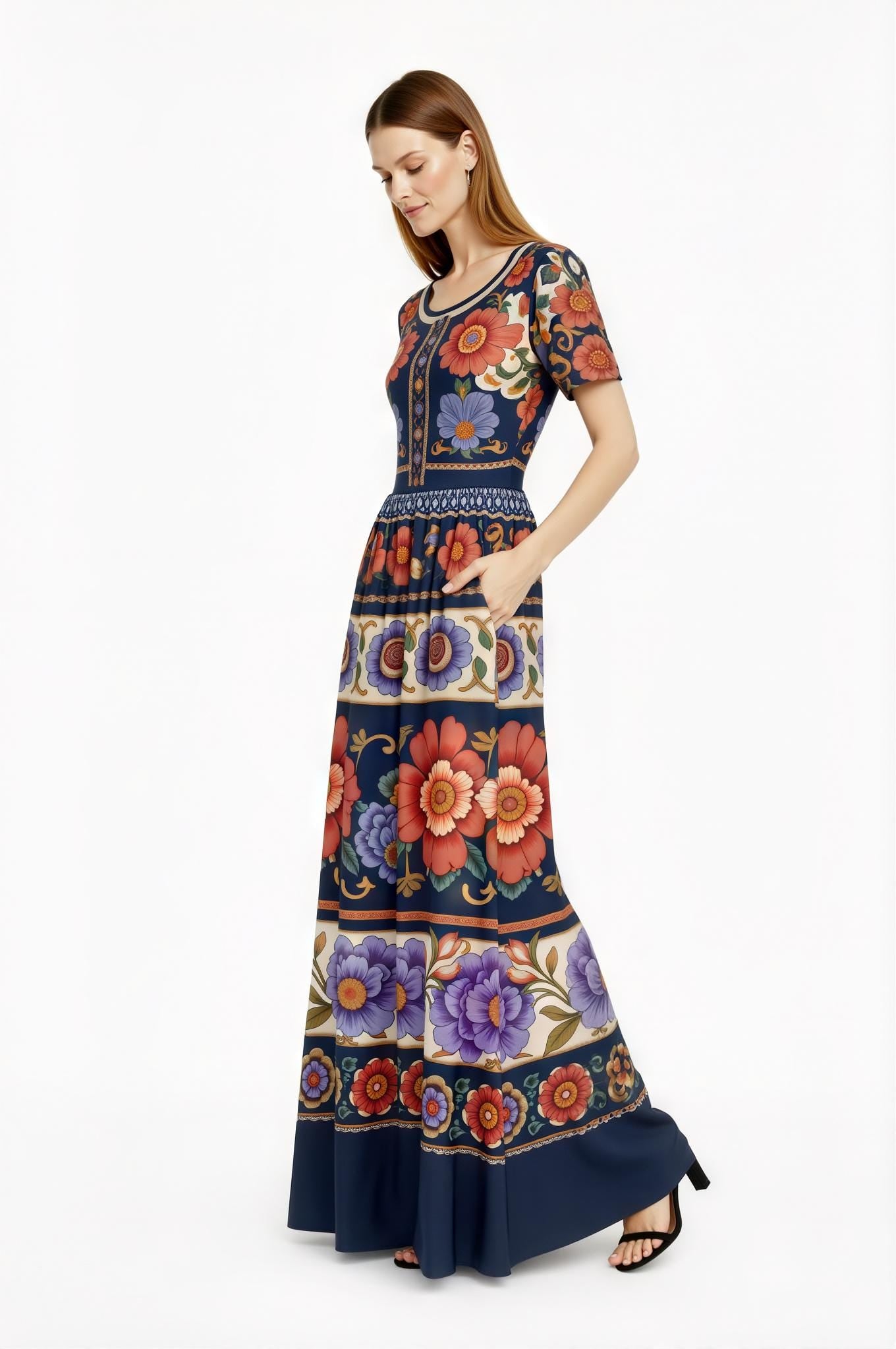 Navy Floral Maxi Dress with Short Sleeves and Side Pockets A-Line Silhouette __etsy:7764411427