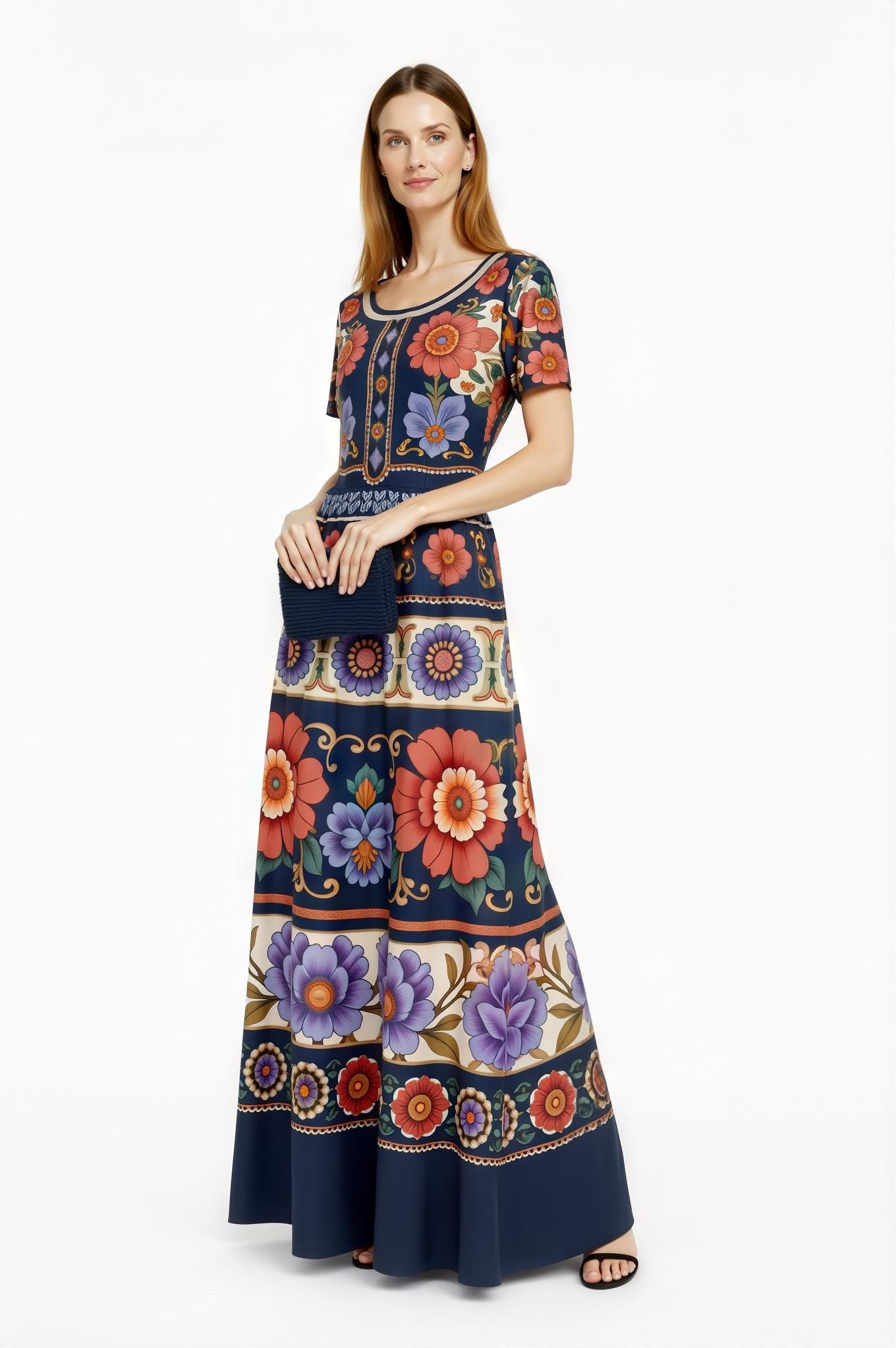 Navy Floral Maxi Dress with Short Sleeves and Side Pockets A-Line Silhouette __etsy:7764411431