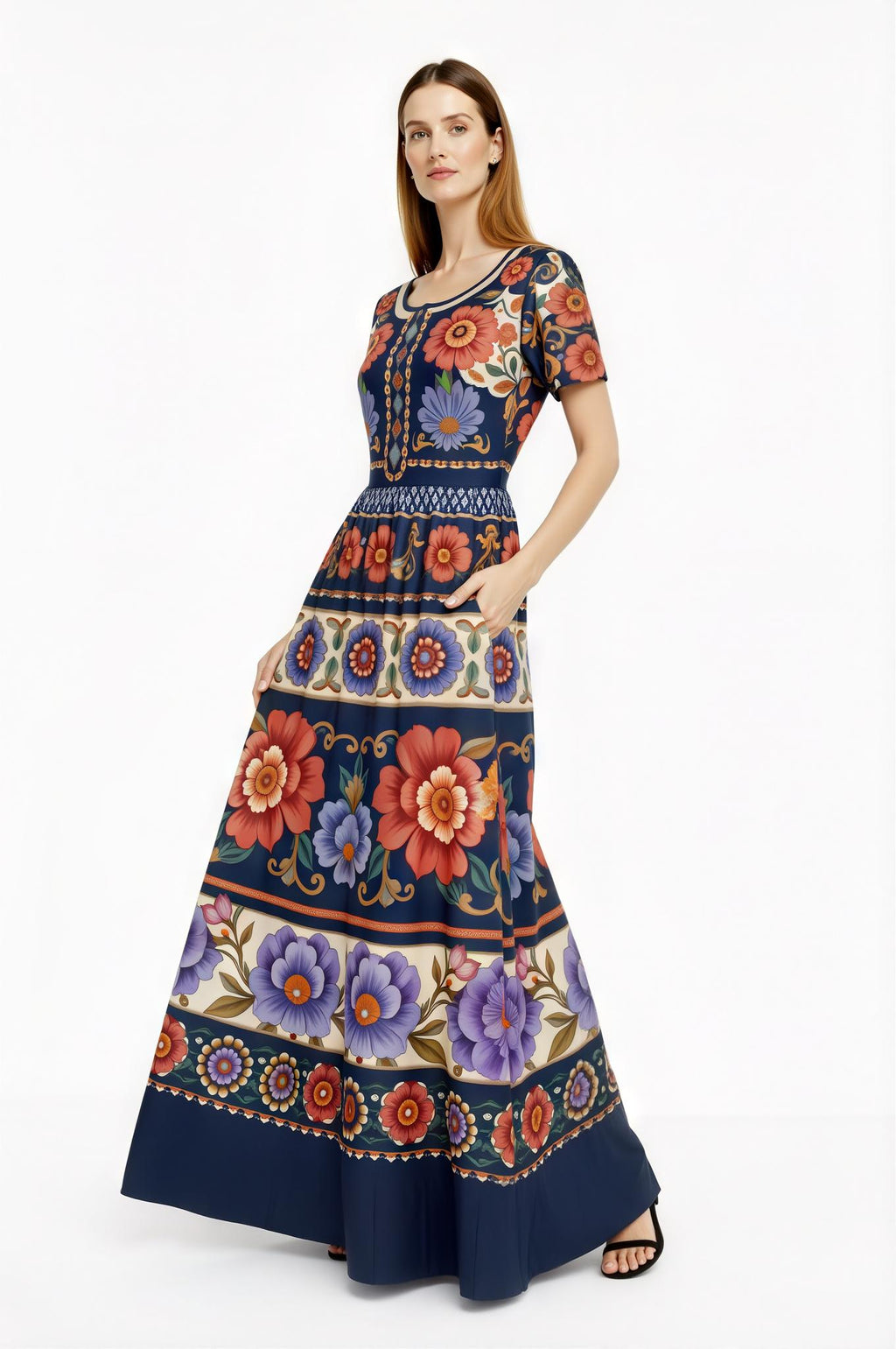 Navy Floral Maxi Dress with Short Sleeves and Side Pockets A-Line Silhouette __etsy:7764411435