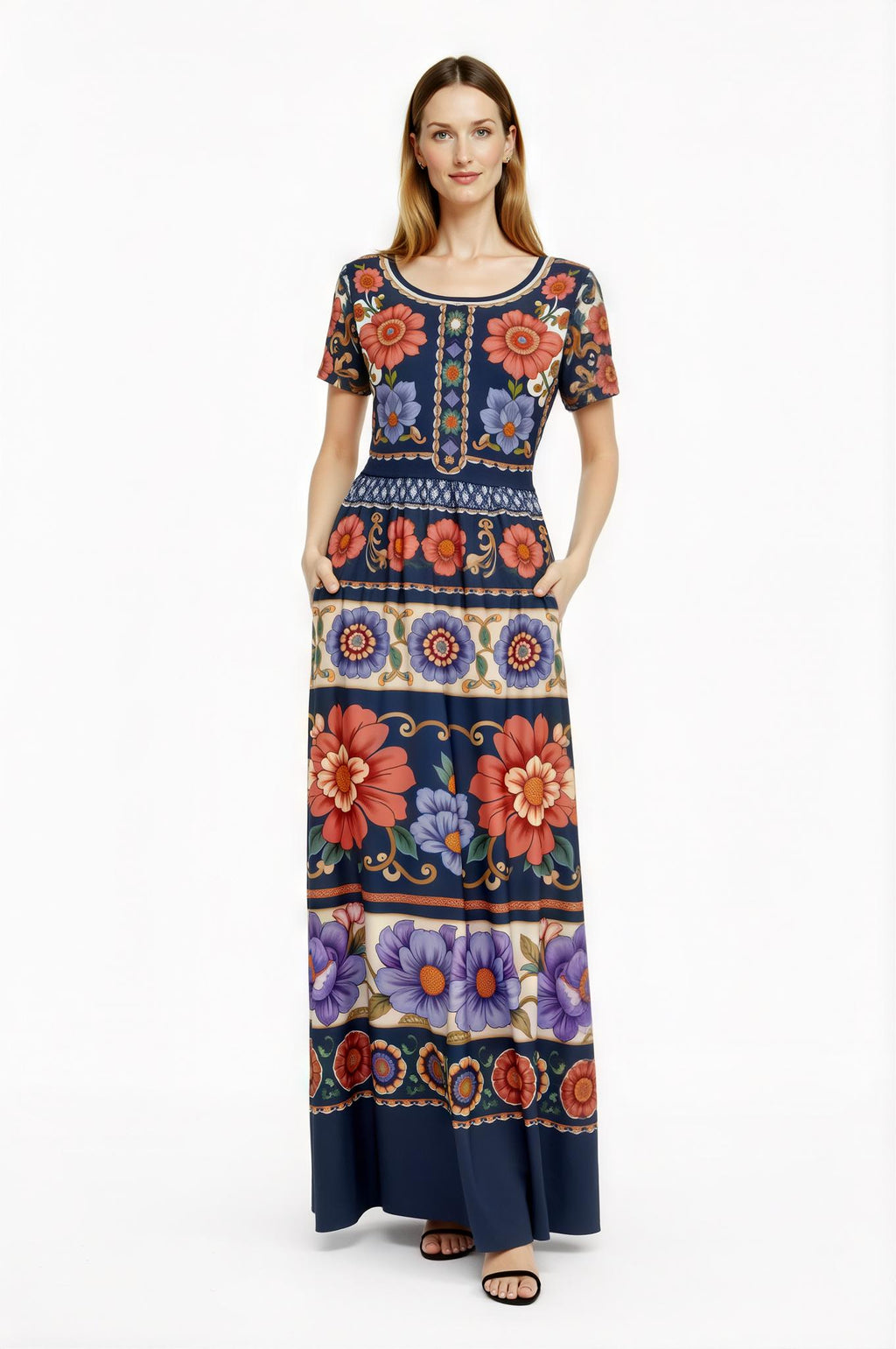 Navy Floral Maxi Dress with Short Sleeves and Side Pockets A-Line Silhouette __etsy:7764411437