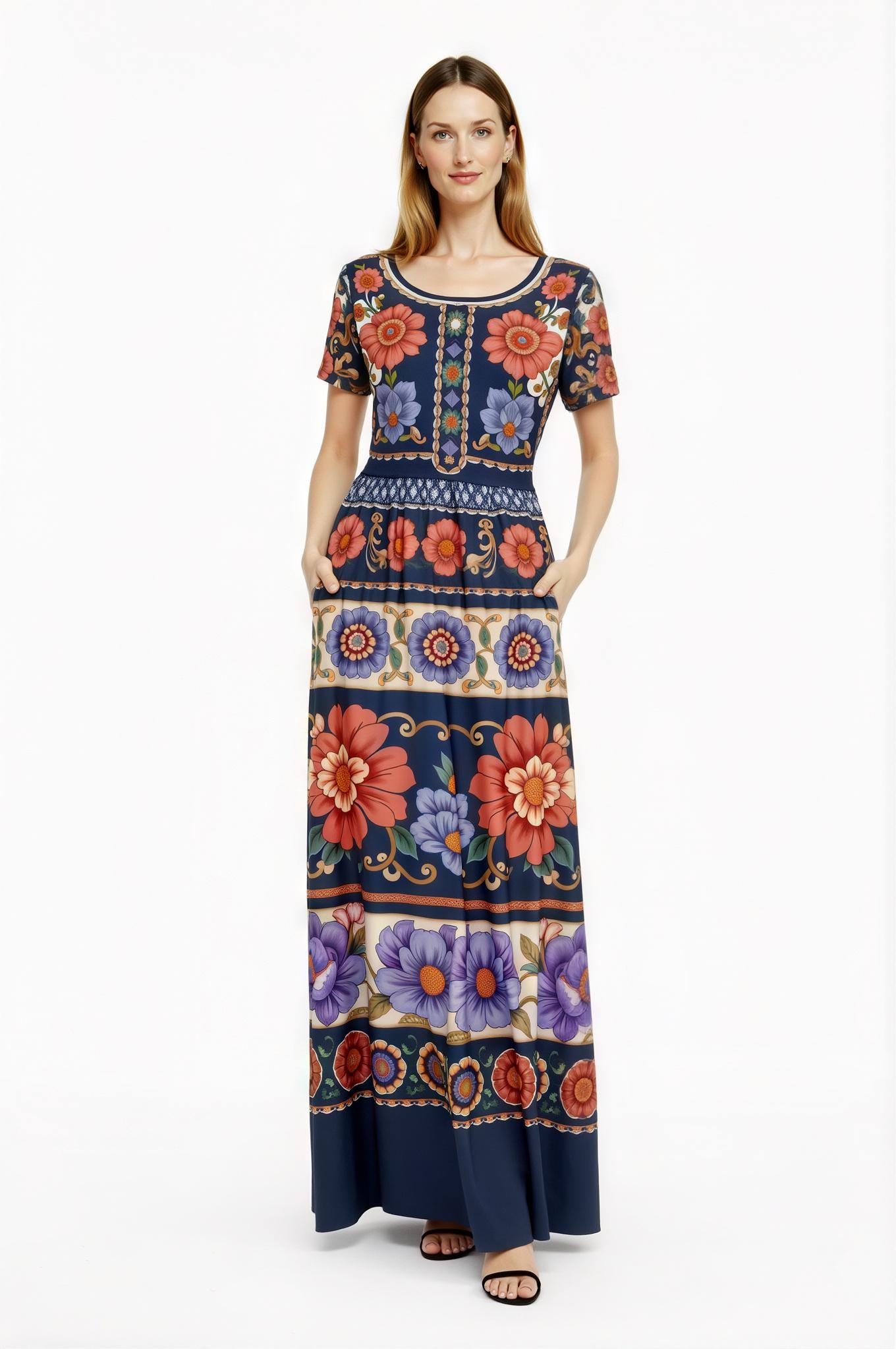Navy Floral Maxi Dress with Short Sleeves and Side Pockets A-Line Silhouette __etsy:7764411437