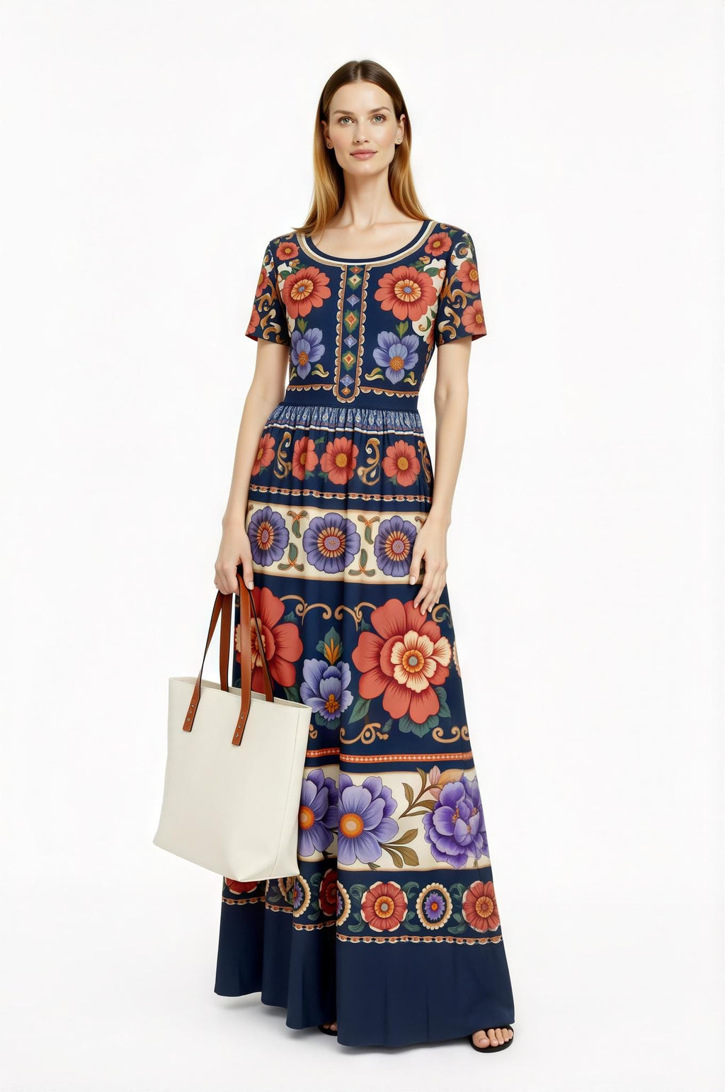 Navy Floral Maxi Dress with Short Sleeves and Side Pockets A-Line Silhouette __etsy:7764411439