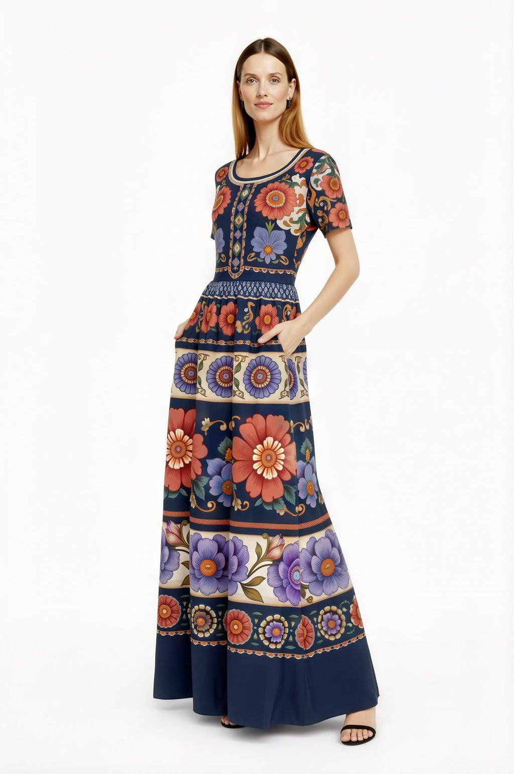 Navy Floral Maxi Dress with Short Sleeves and Side Pockets A-Line Silhouette __etsy:7764411443