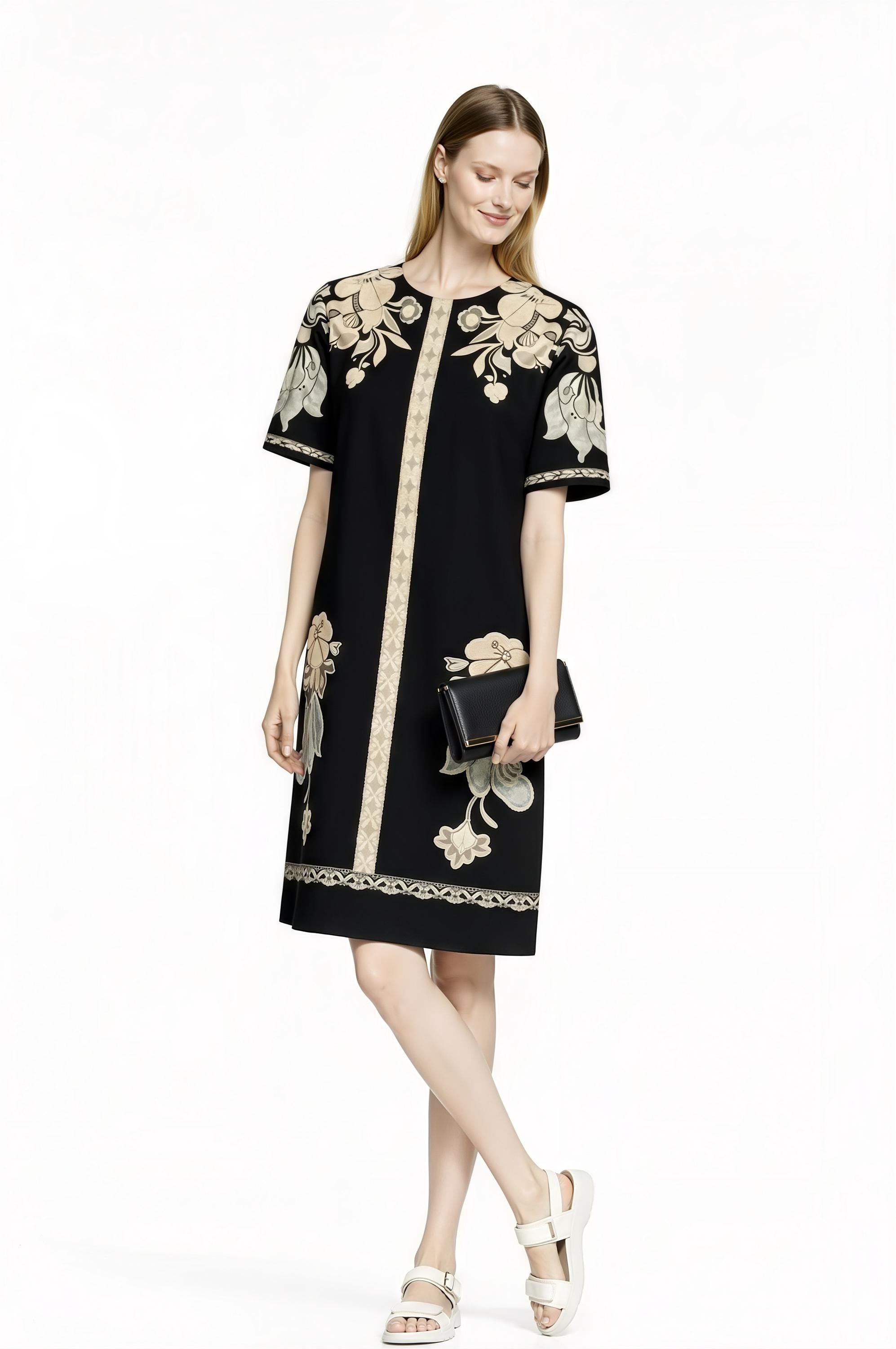 Black Floral Shift Dress, Stretch Woven Mini Dress, Vintage Inspired Print __etsy:7766604876