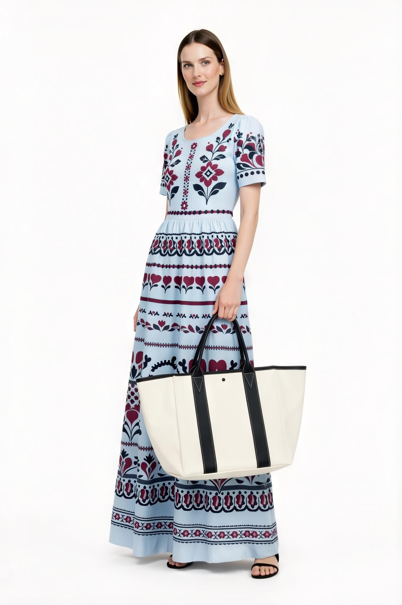 Light Blue Floral Maxi Dress with Short Sleeves and Side Pockets A-Line Silhouette __etsy:7766838425