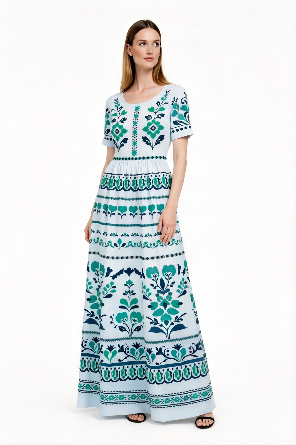 Light Blue Floral Maxi Dress with Short Sleeves and Side Pockets A-Line Silhouette __etsy:7766838501