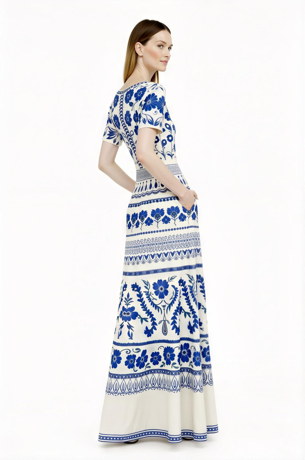 Blue Floral Maxi Dress, Ivory A-Line Summer Dress with Pockets __etsy:7766891883
