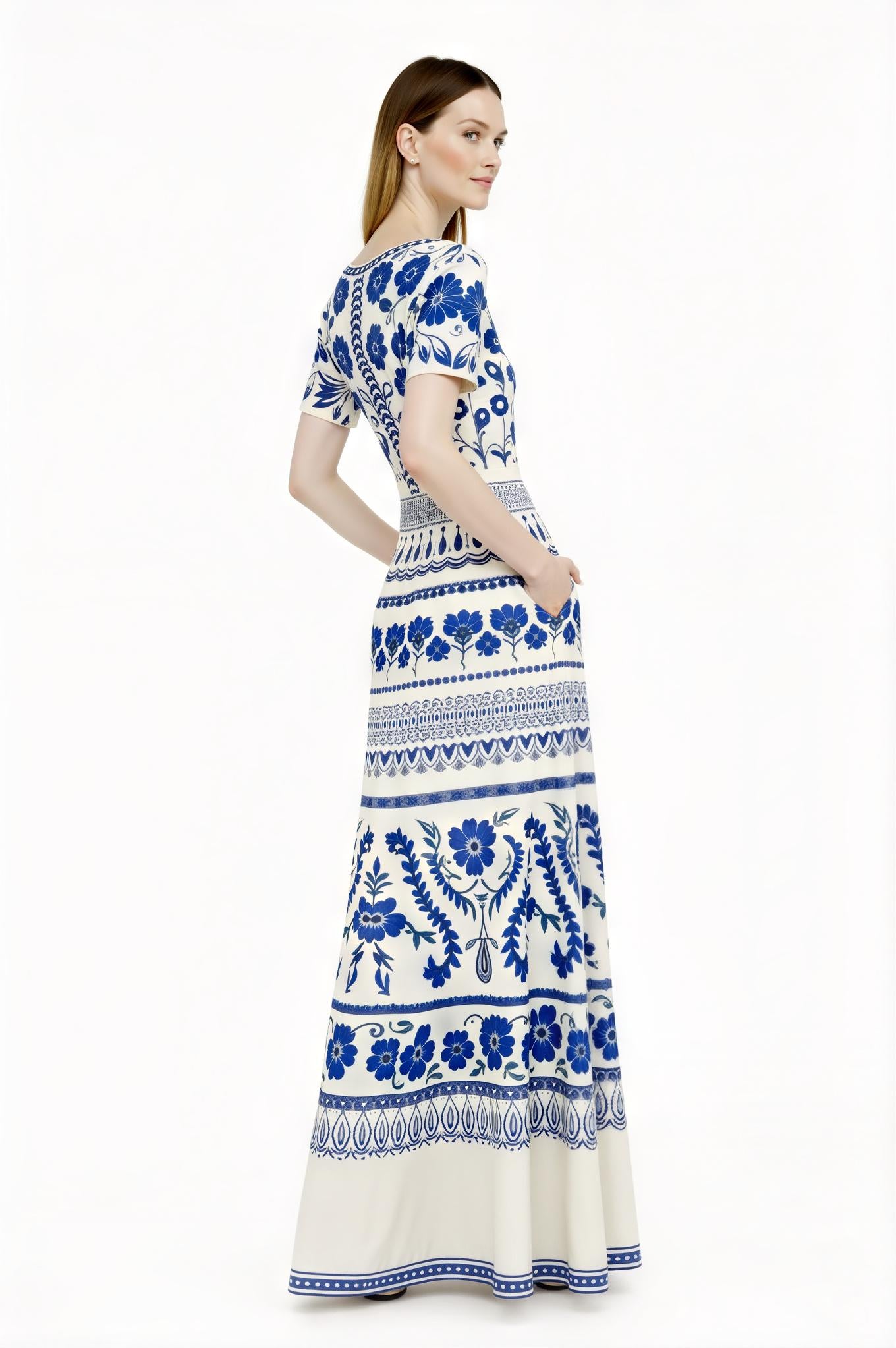 Blue Floral Maxi Dress, Ivory A-Line Summer Dress with Pockets __etsy:7766891883