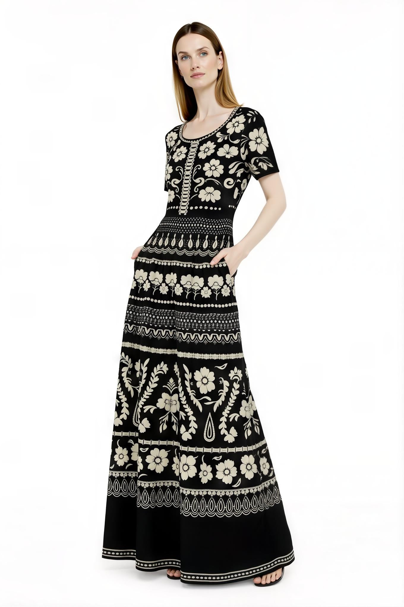 Blue Floral Maxi Dress, Ivory A-Line Summer Dress with Pockets __etsy:7766891895