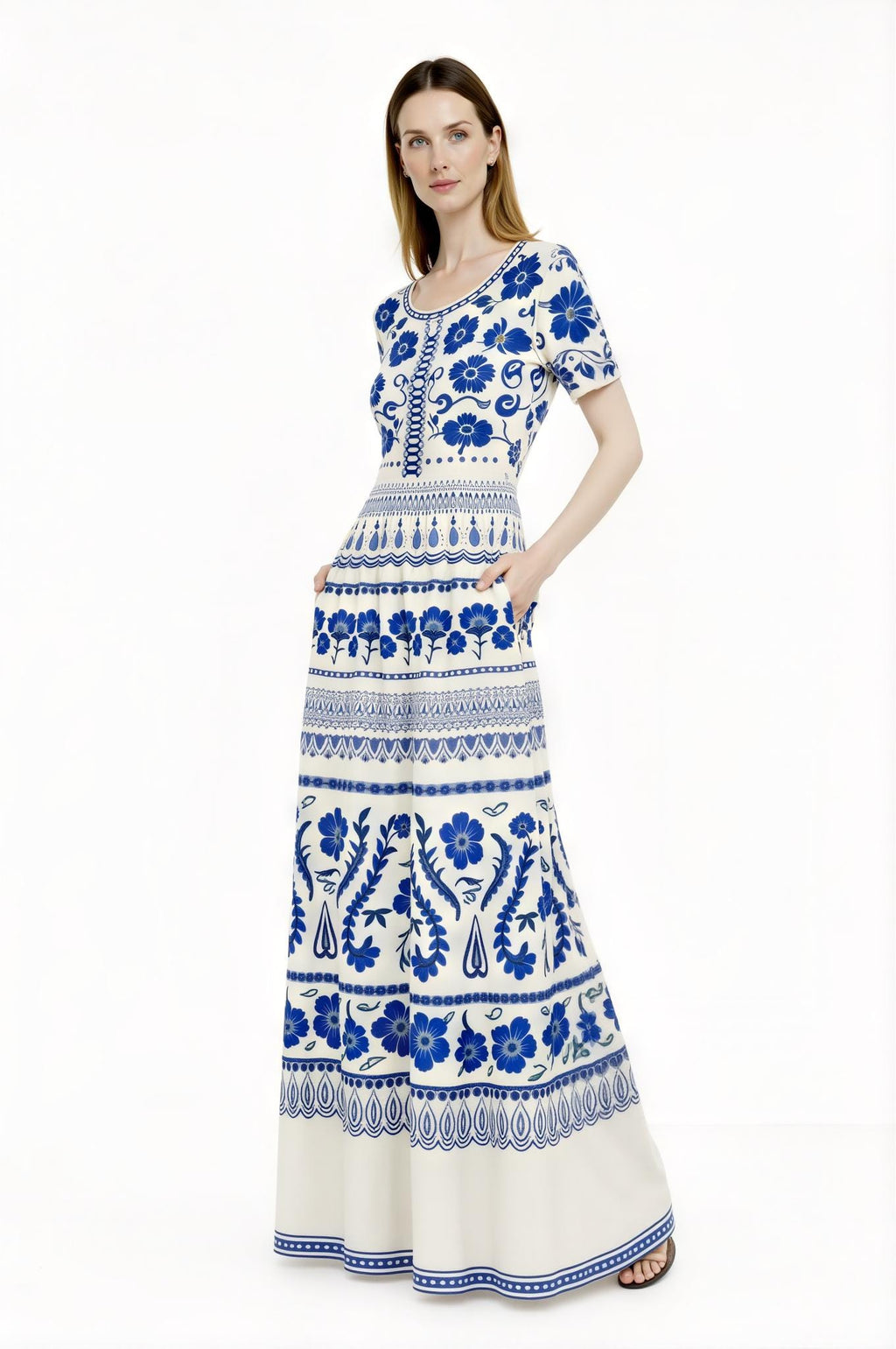 Blue Floral Maxi Dress, Ivory A-Line Summer Dress with Pockets __etsy:7766891897