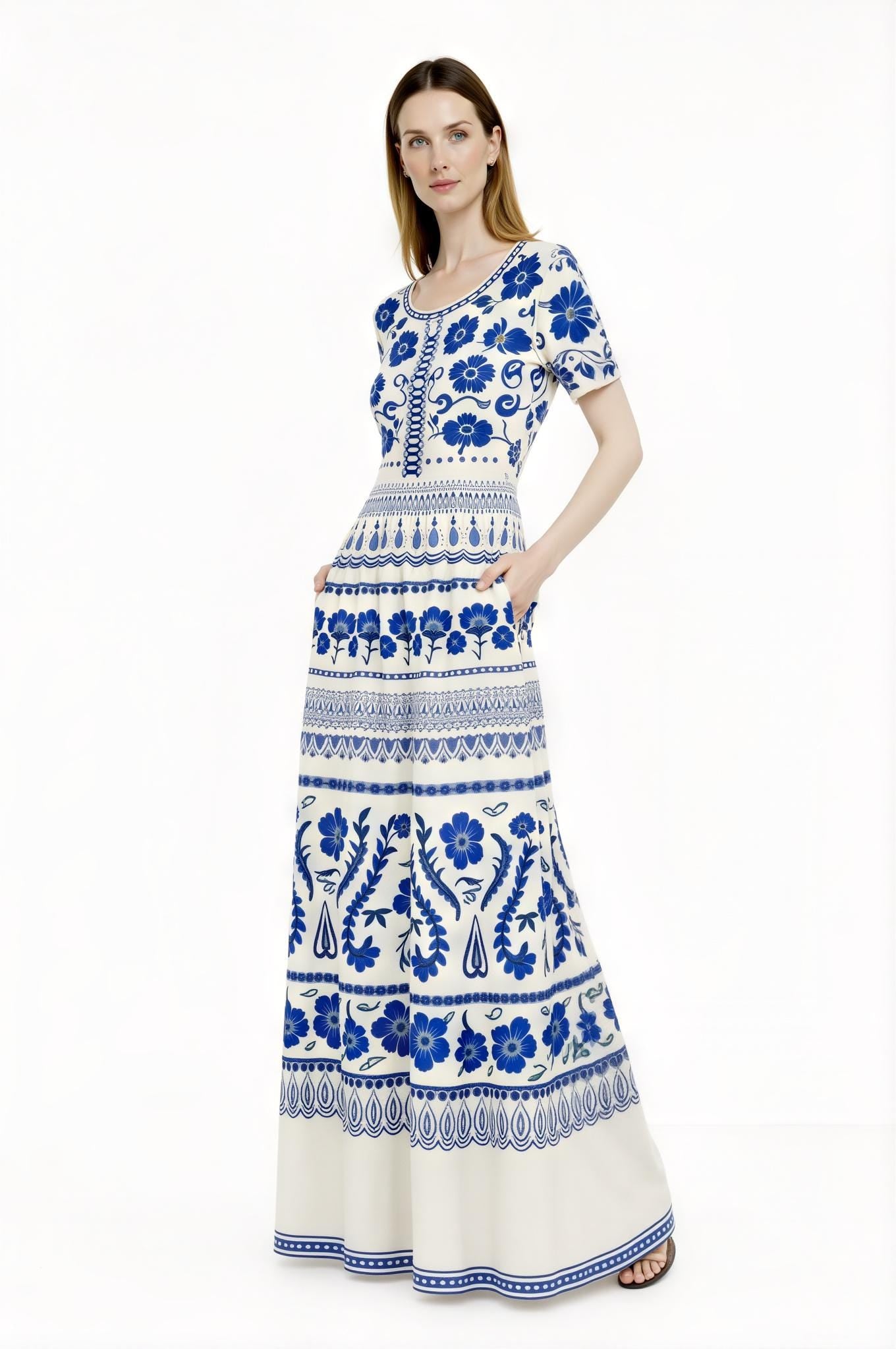 Blue Floral Maxi Dress, Ivory A-Line Summer Dress with Pockets __etsy:7766891897
