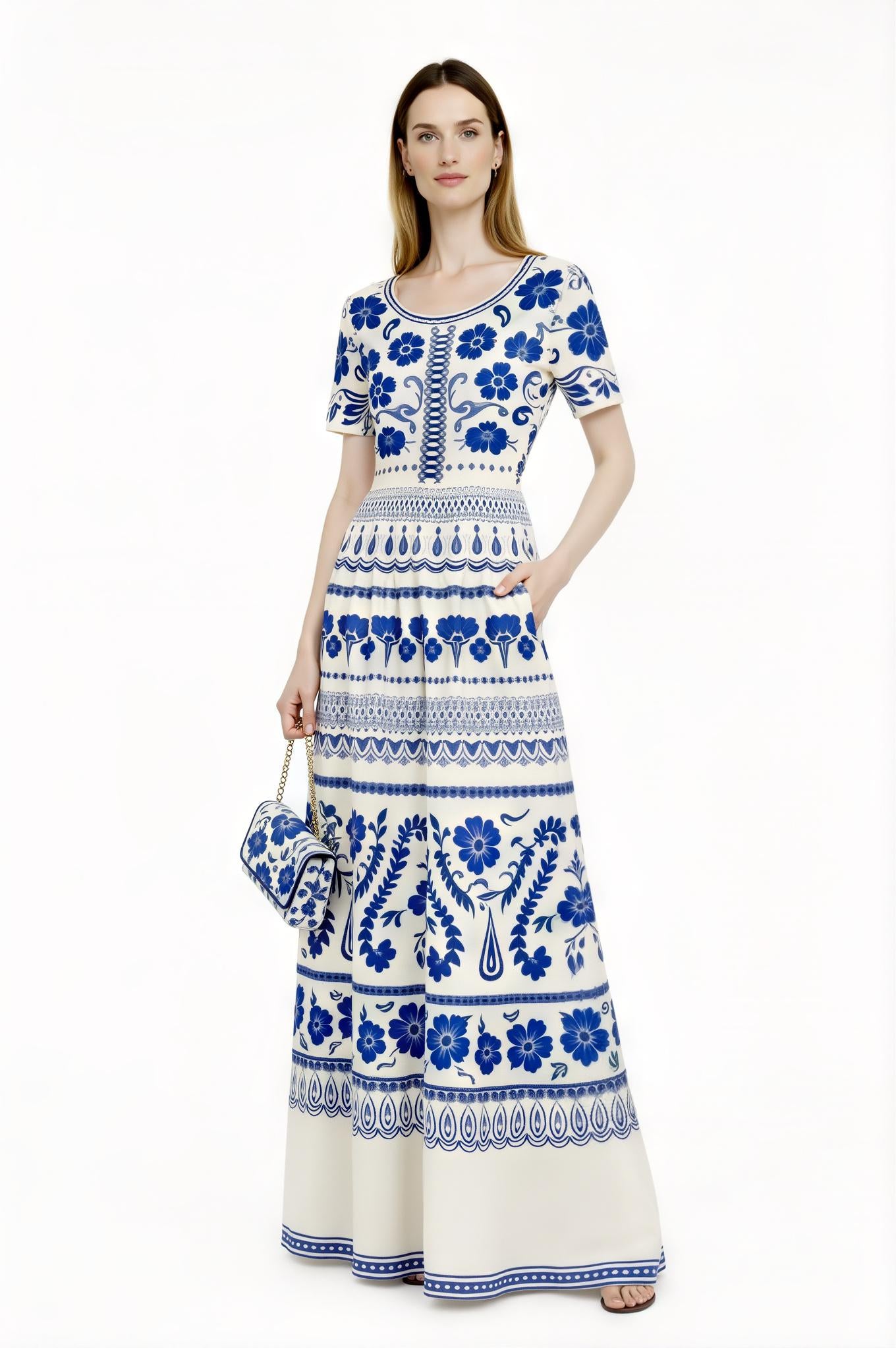 Blue Floral Maxi Dress, Ivory A-Line Summer Dress with Pockets __etsy:7766891899