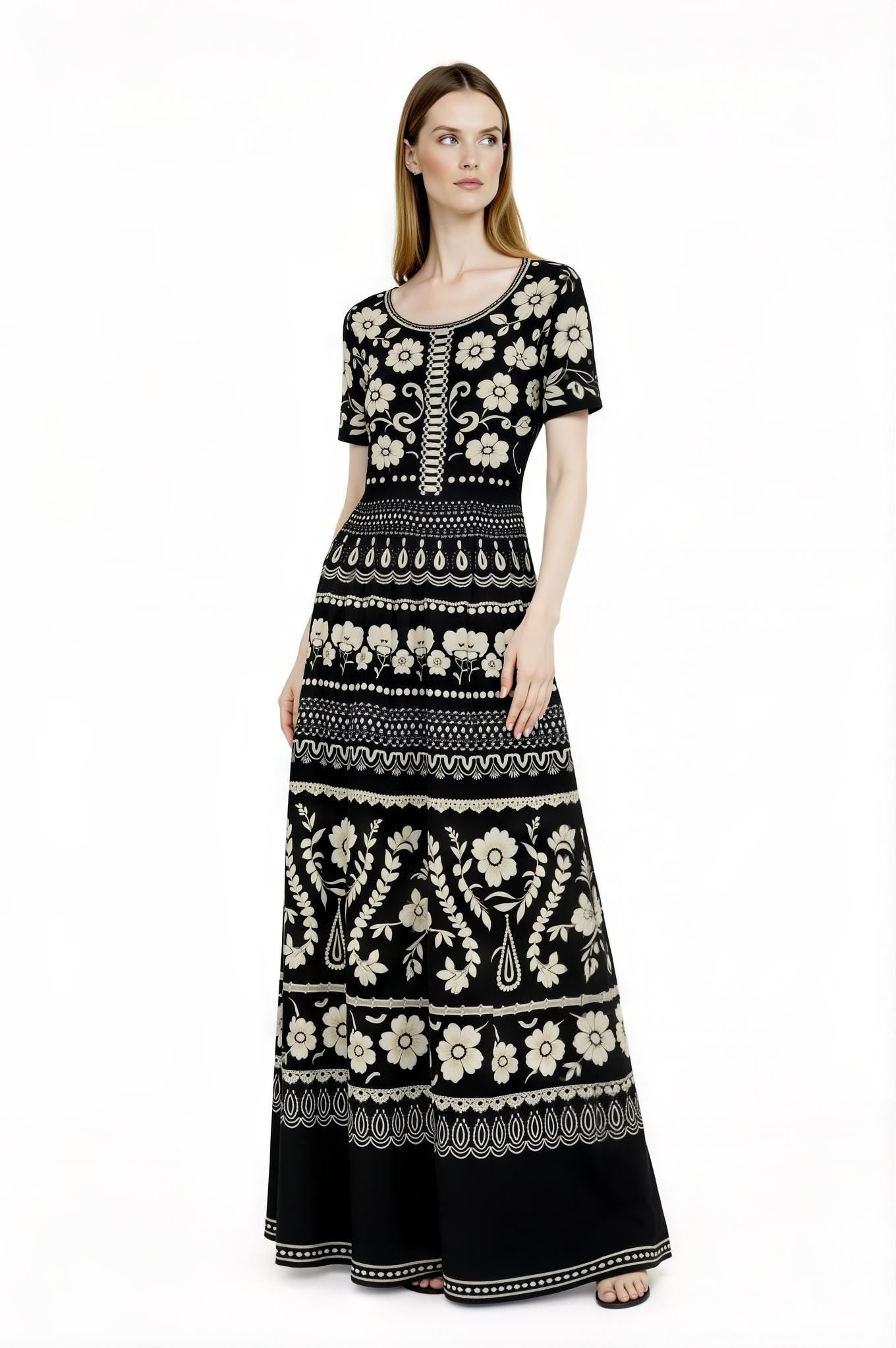 Blue Floral Maxi Dress, Ivory A-Line Summer Dress with Pockets __etsy:7766891901