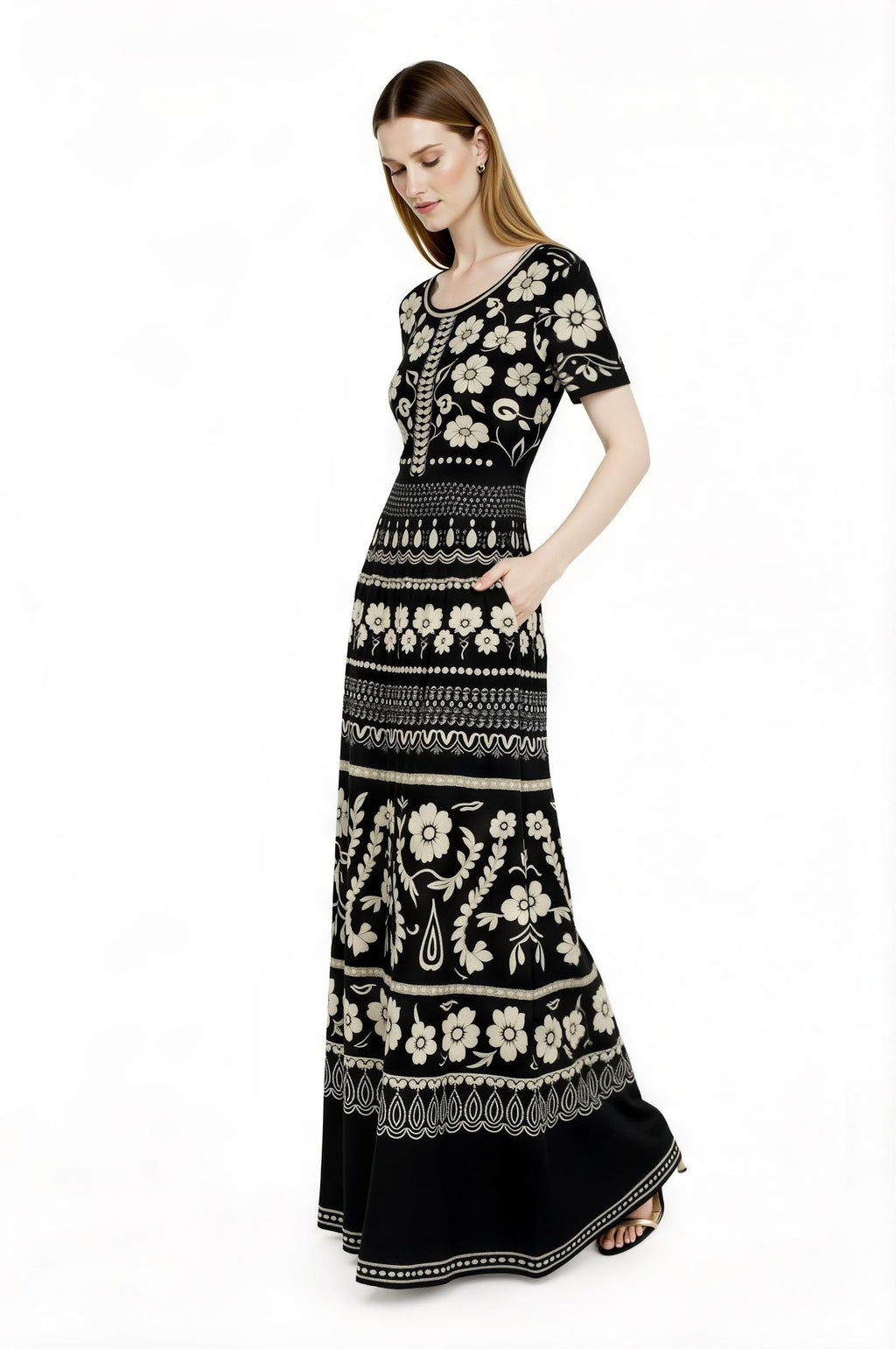 Blue Floral Maxi Dress, Ivory A-Line Summer Dress with Pockets __etsy:7766891919