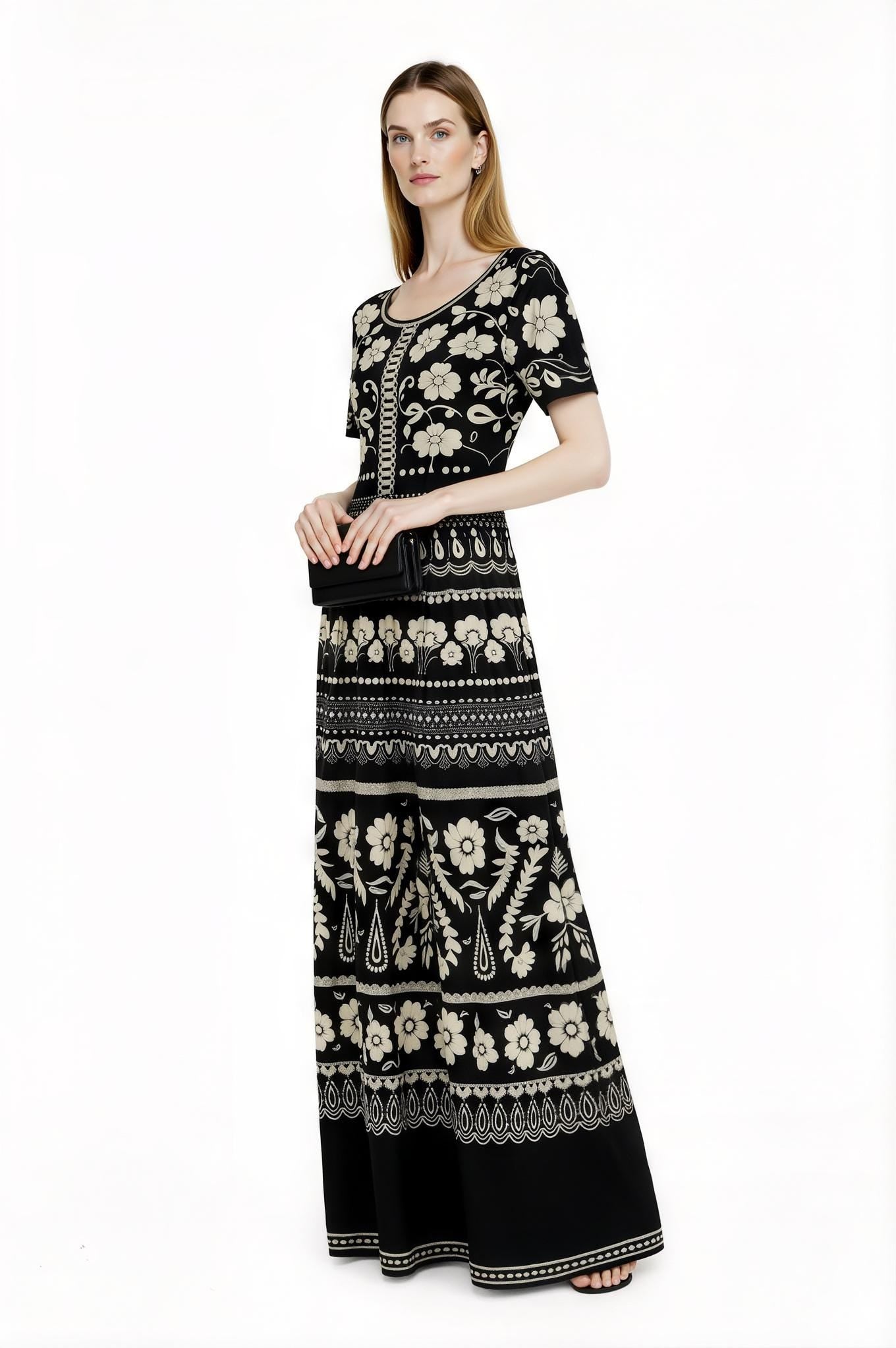 Blue Floral Maxi Dress, Ivory A-Line Summer Dress with Pockets __etsy:7766891921