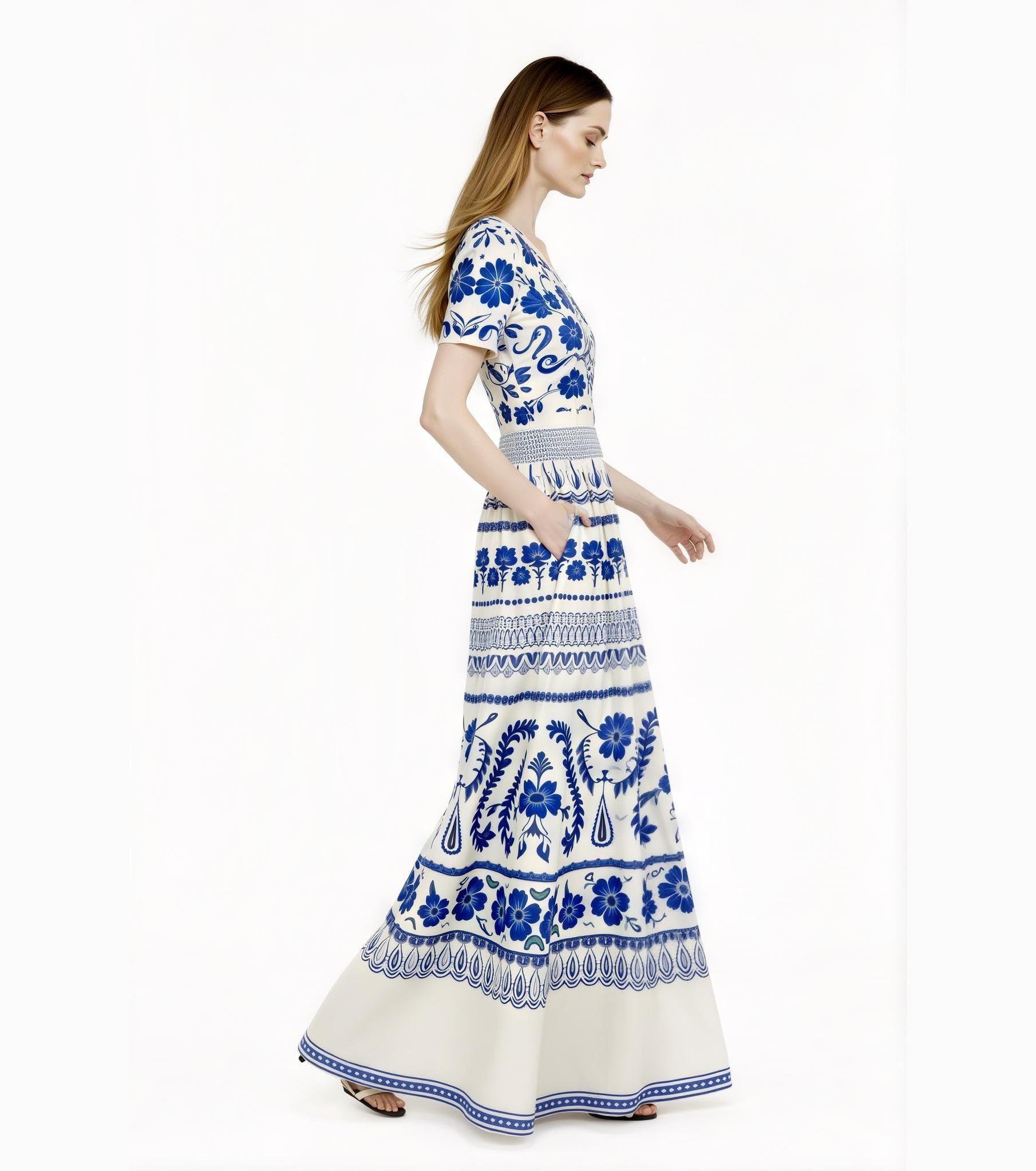Blue Floral Maxi Dress, Ivory A-Line Summer Dress with Pockets __etsy:7766916817
