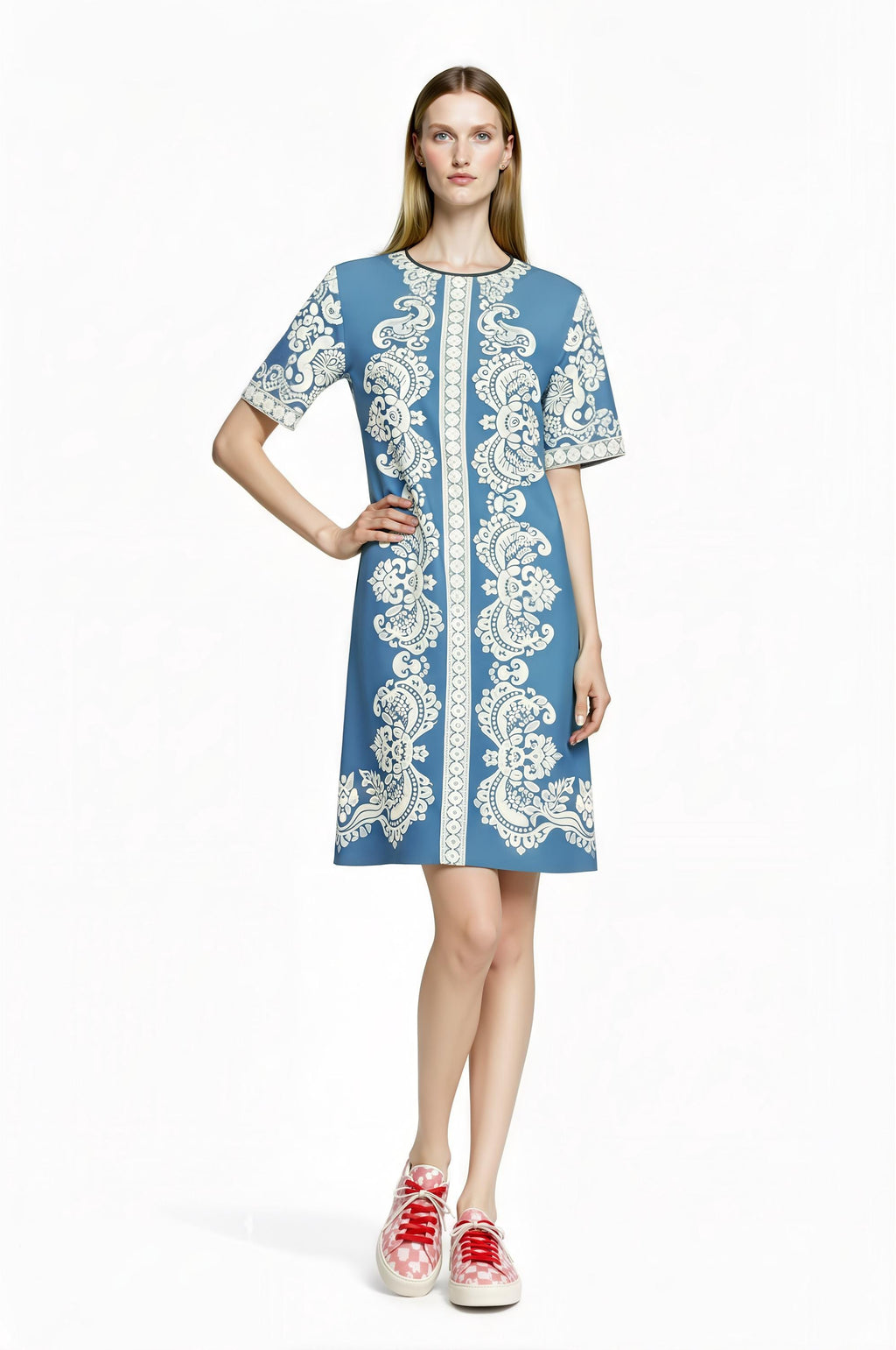 Dusty Blue T-Shirt Dress, Ivory Scarf Print Mini, Vintage Inspired Summer Casual Outfit __etsy:7766945660