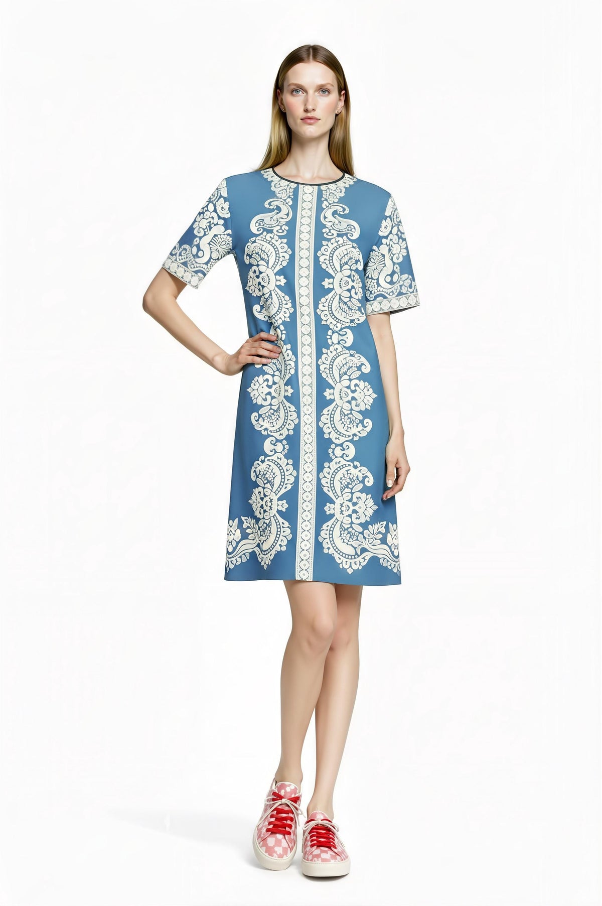 Dusty Blue T-Shirt Dress, Ivory Scarf Print Mini, Vintage Inspired Summer Casual Outfit __etsy:7766945660