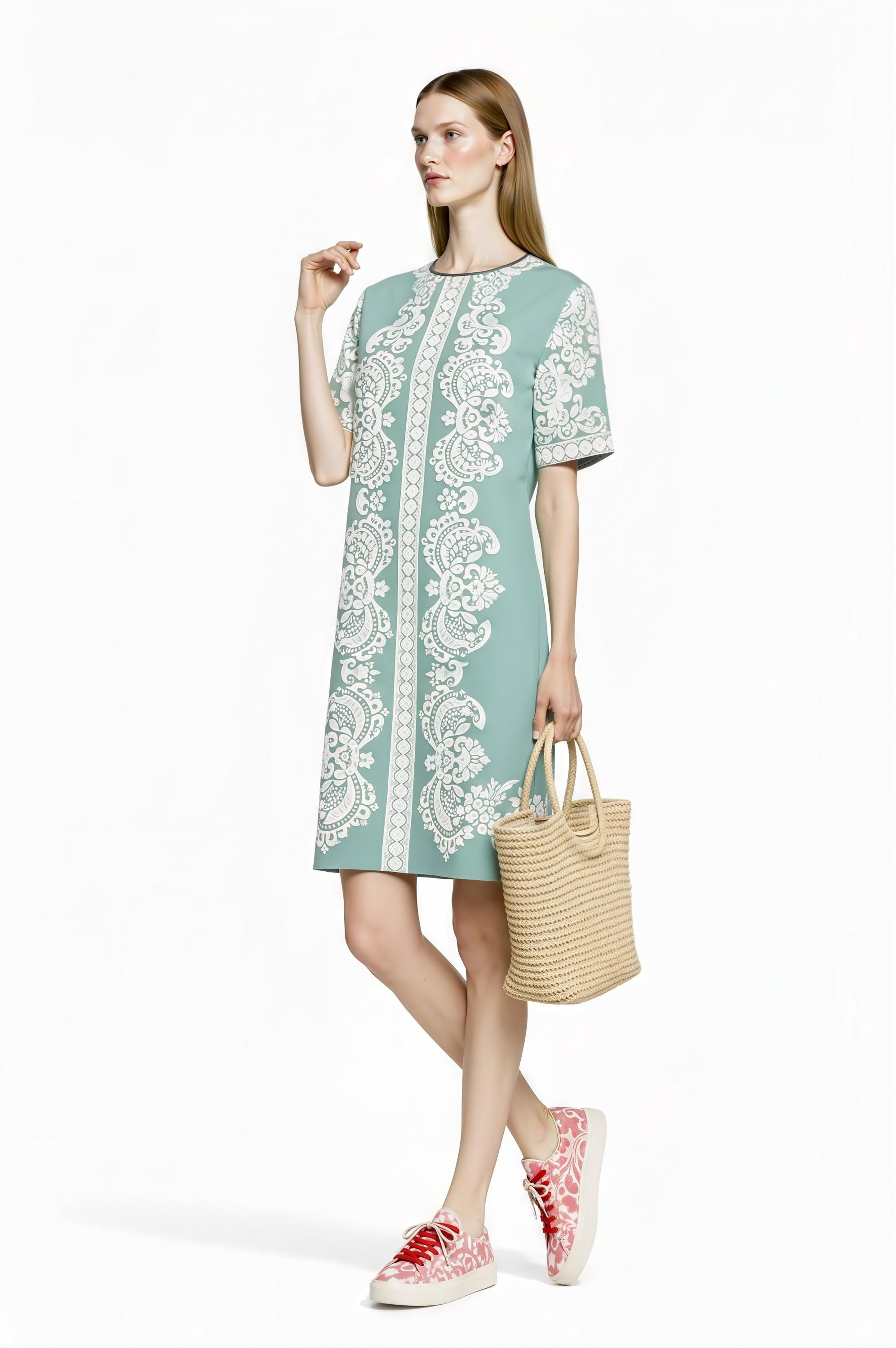 Dusty Blue T-Shirt Dress, Ivory Scarf Print Mini, Vintage Inspired Summer Casual Outfit __etsy:7766945666
