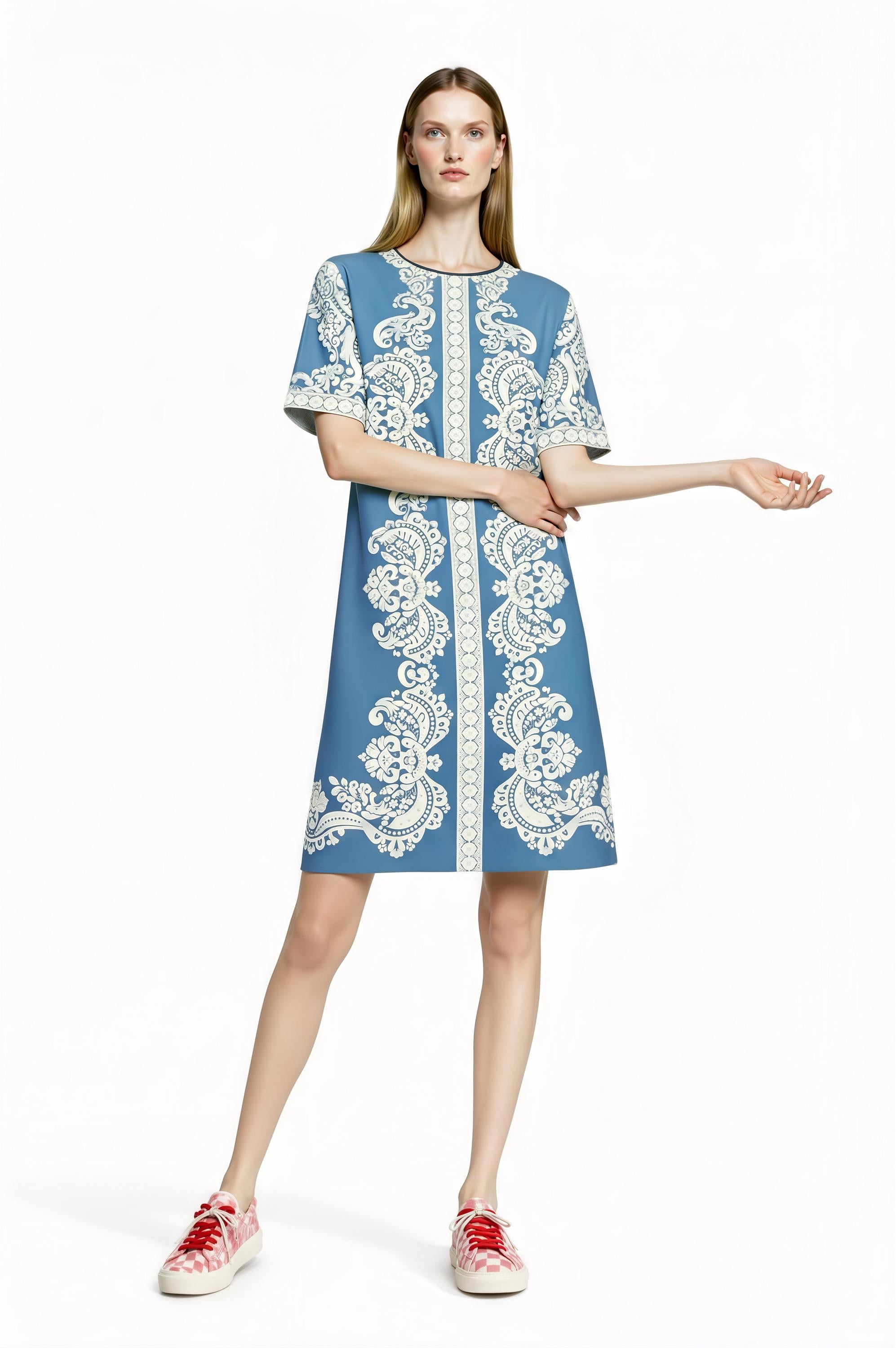 Dusty Blue T-Shirt Dress, Ivory Scarf Print Mini, Vintage Inspired Summer Casual Outfit __etsy:7766949632