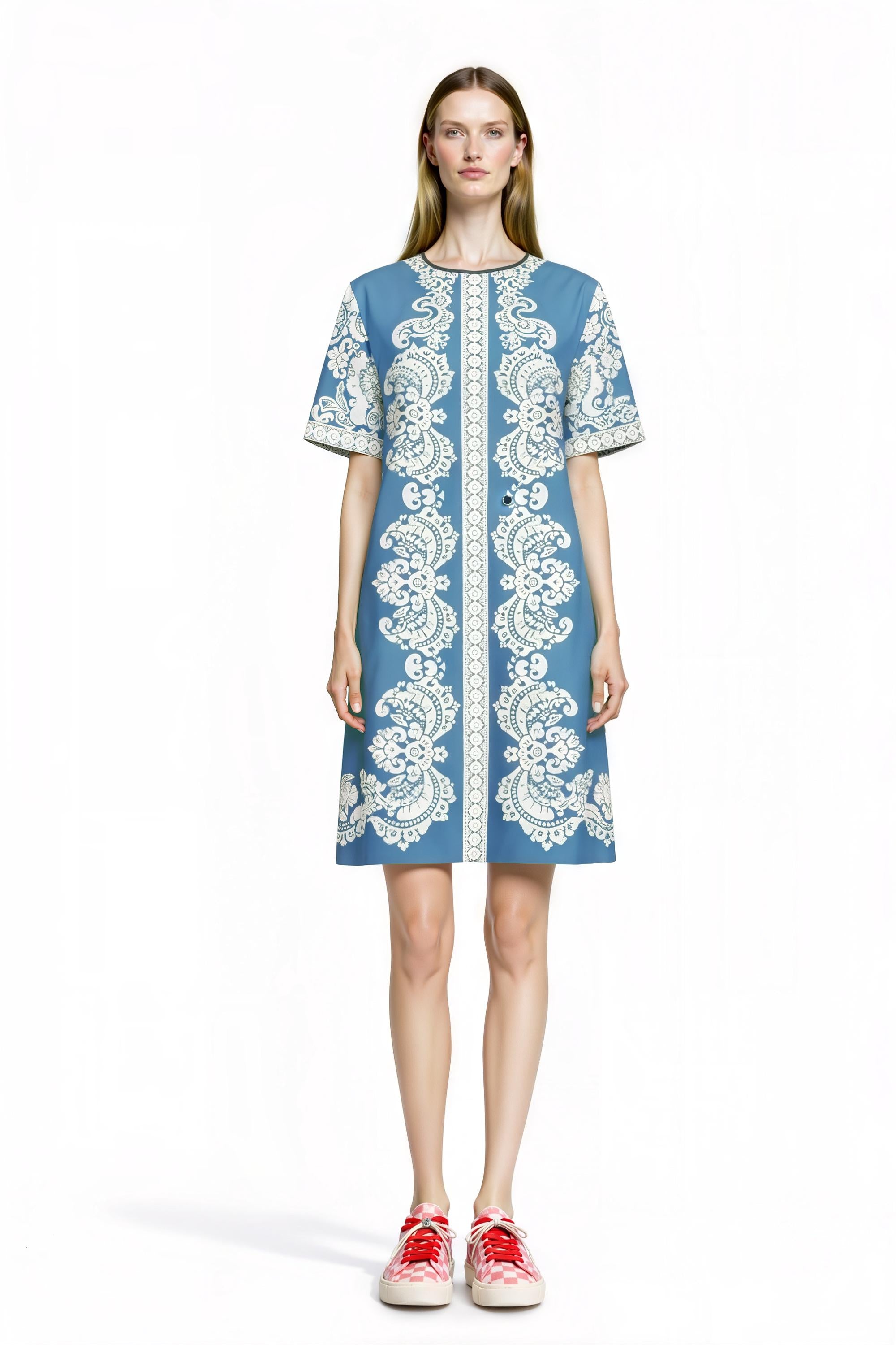 Dusty Blue T-Shirt Dress, Ivory Scarf Print Mini, Vintage Inspired Summer Casual Outfit __etsy:7766978586
