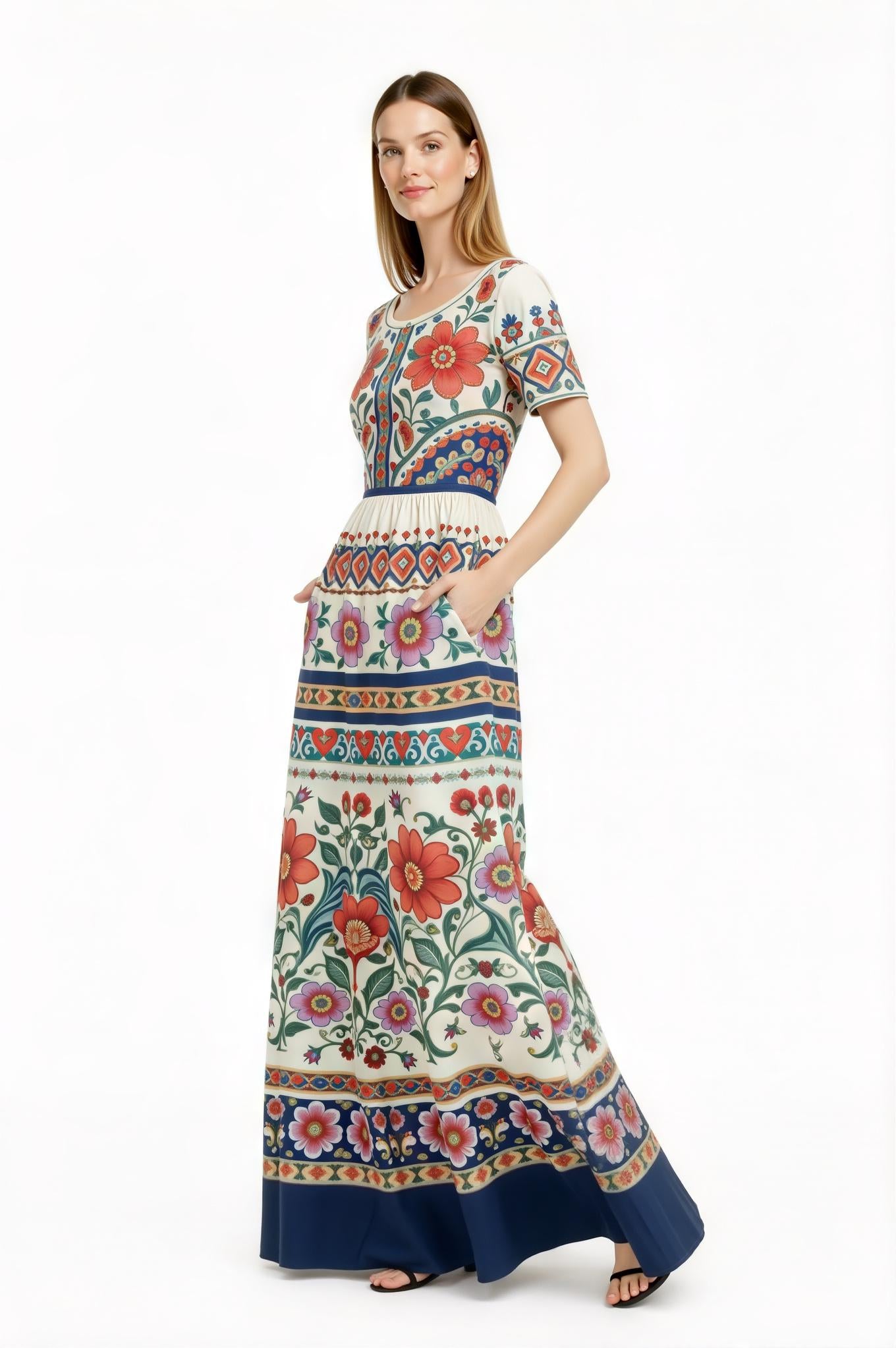 Ivory Floral Maxi Dress with Short Sleeves and Border Print A-Line Silhouette __etsy:7767066591