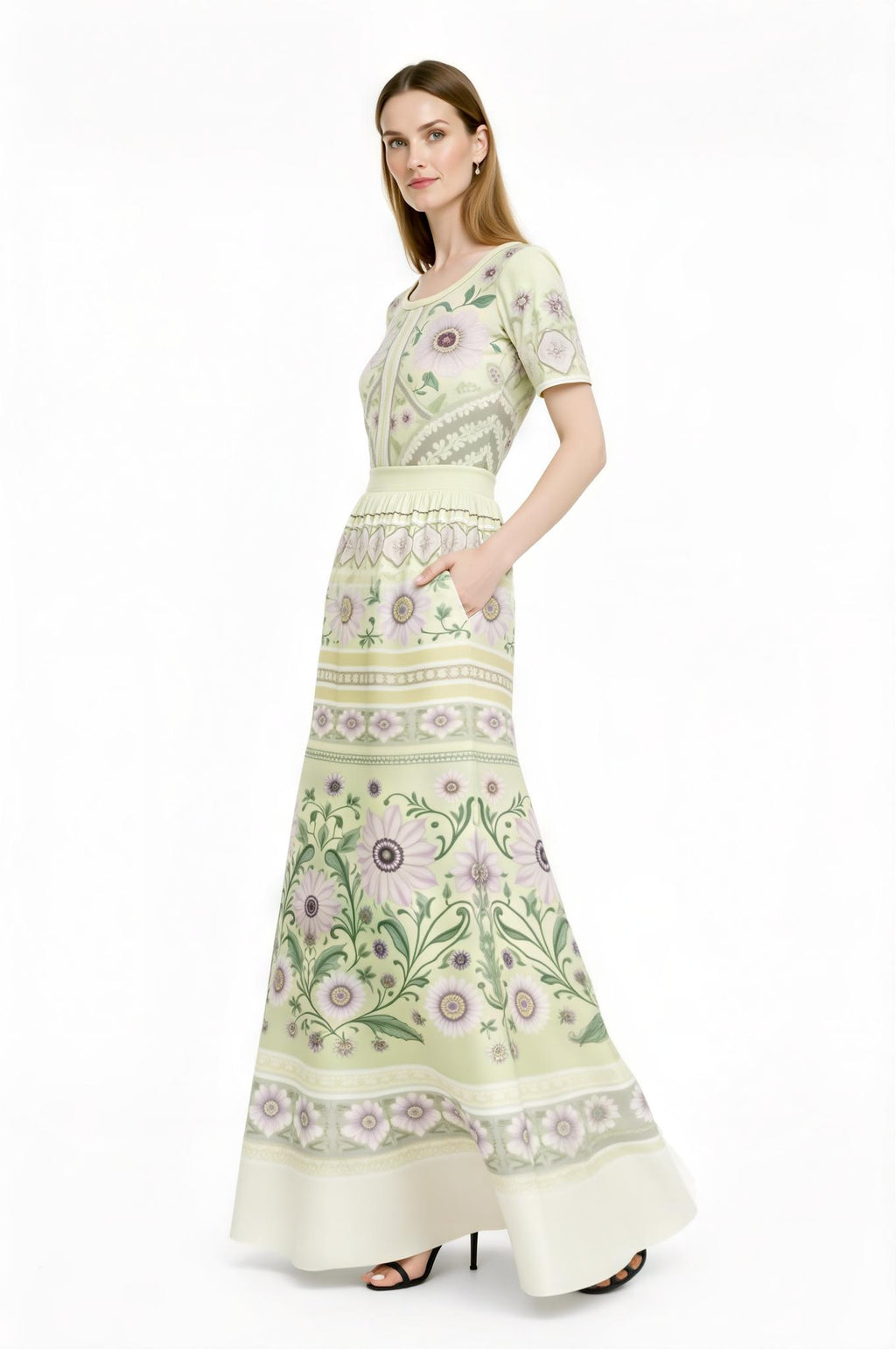 Ivory Floral Maxi Dress with Short Sleeves and Border Print A-Line Silhouette __etsy:7767066597