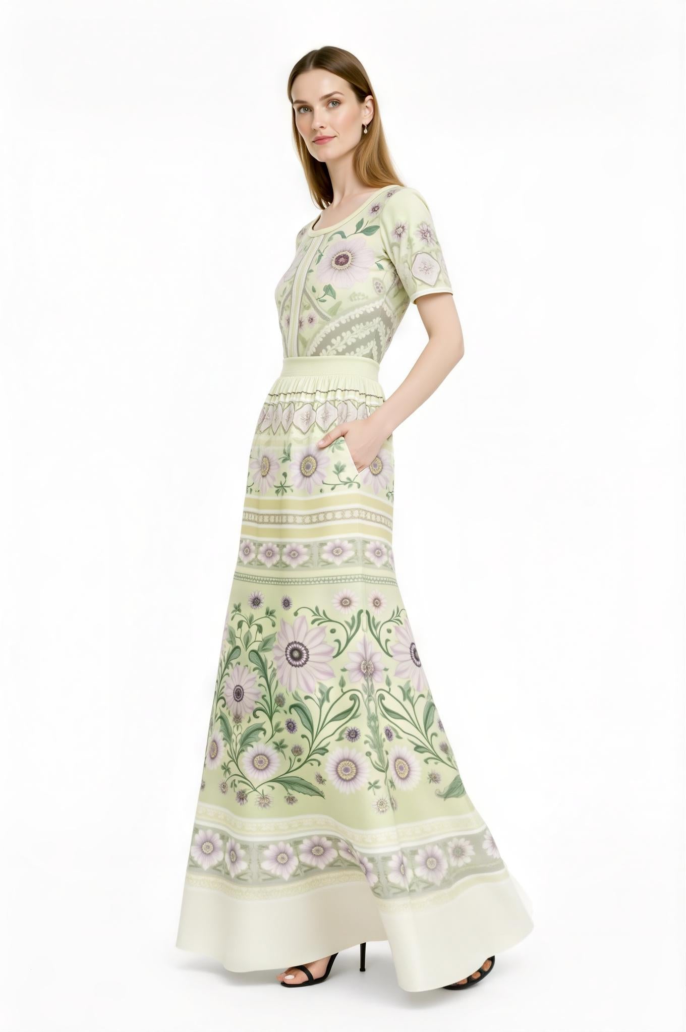 Ivory Floral Maxi Dress with Short Sleeves and Border Print A-Line Silhouette __etsy:7767066597
