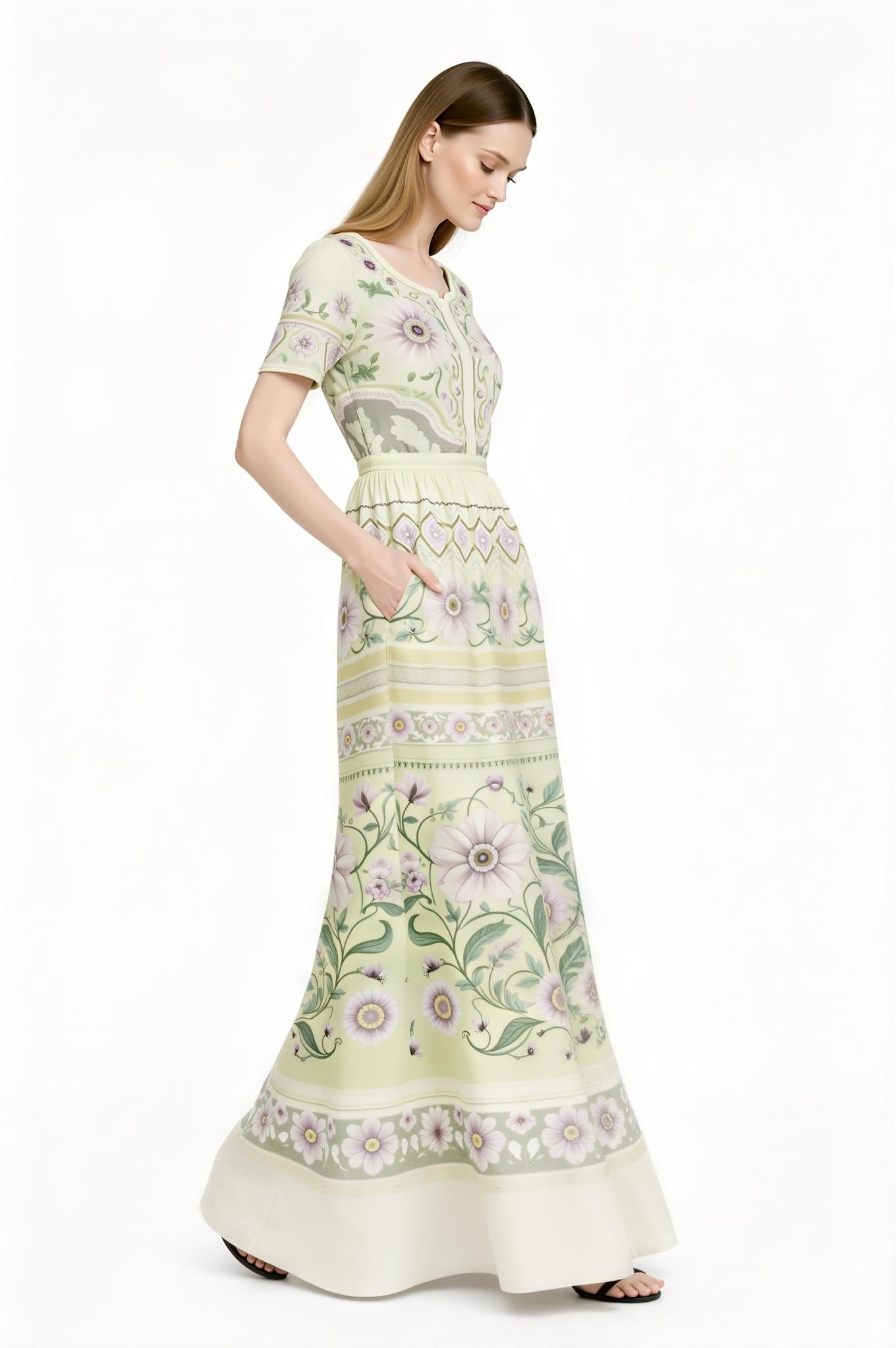 Ivory Floral Maxi Dress with Short Sleeves and Border Print A-Line Silhouette __etsy:7767066599