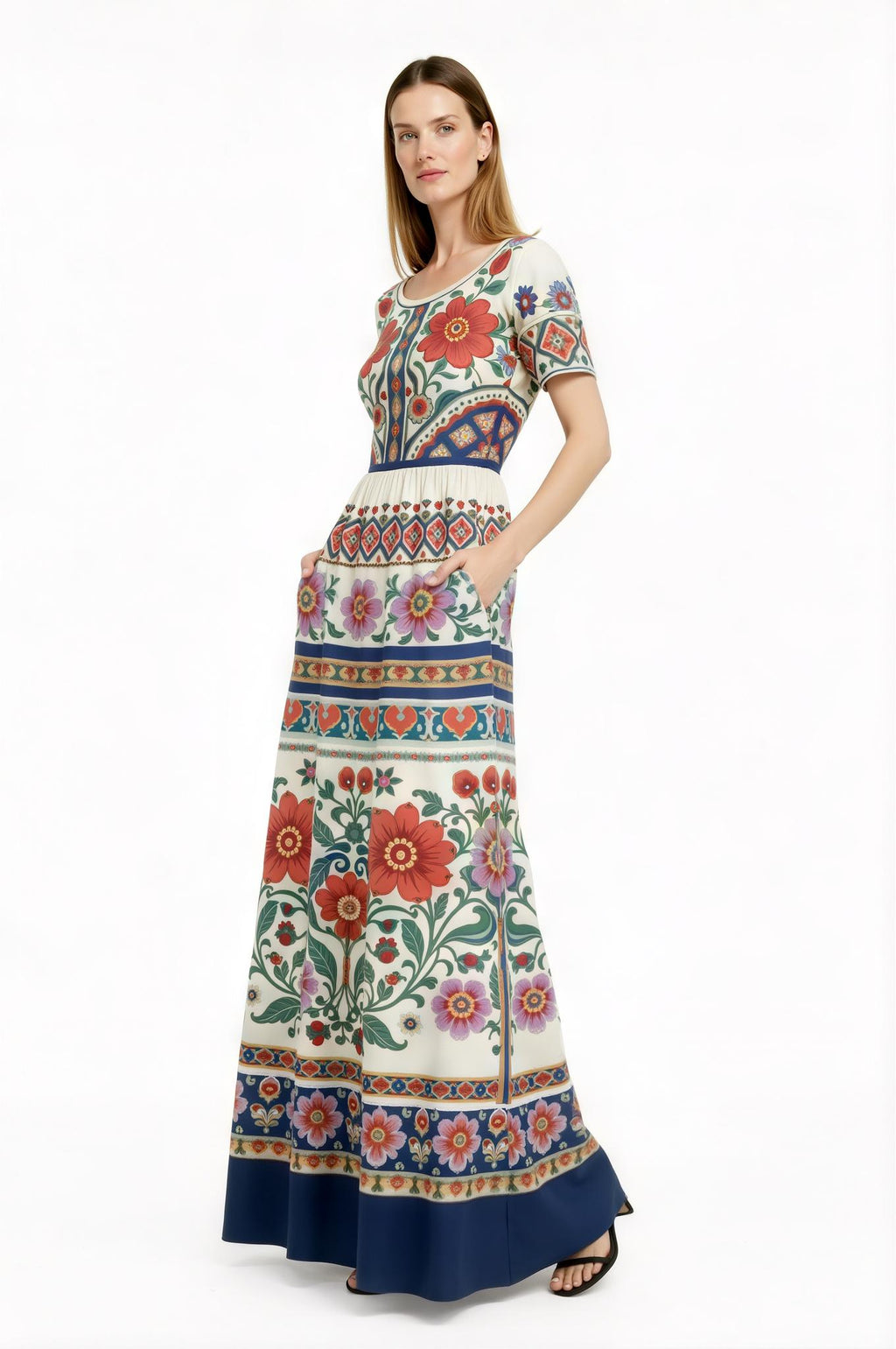 Ivory Floral Maxi Dress with Short Sleeves and Border Print A-Line Silhouette __etsy:7767066609