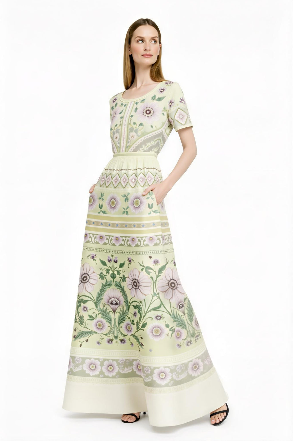 Ivory Floral Maxi Dress with Short Sleeves and Border Print A-Line Silhouette __etsy:7767066611