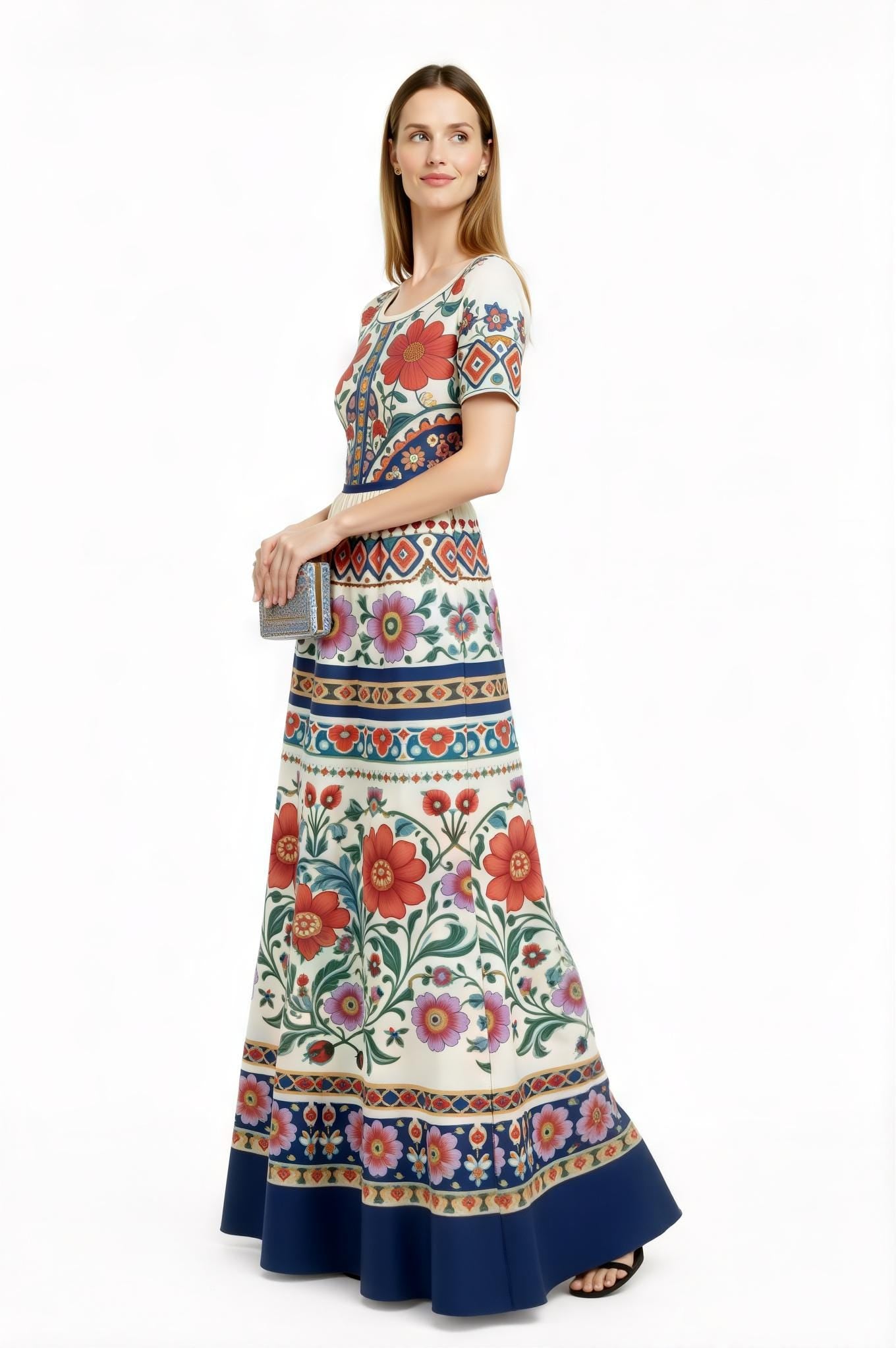 Ivory Floral Maxi Dress with Short Sleeves and Border Print A-Line Silhouette __etsy:7767066613