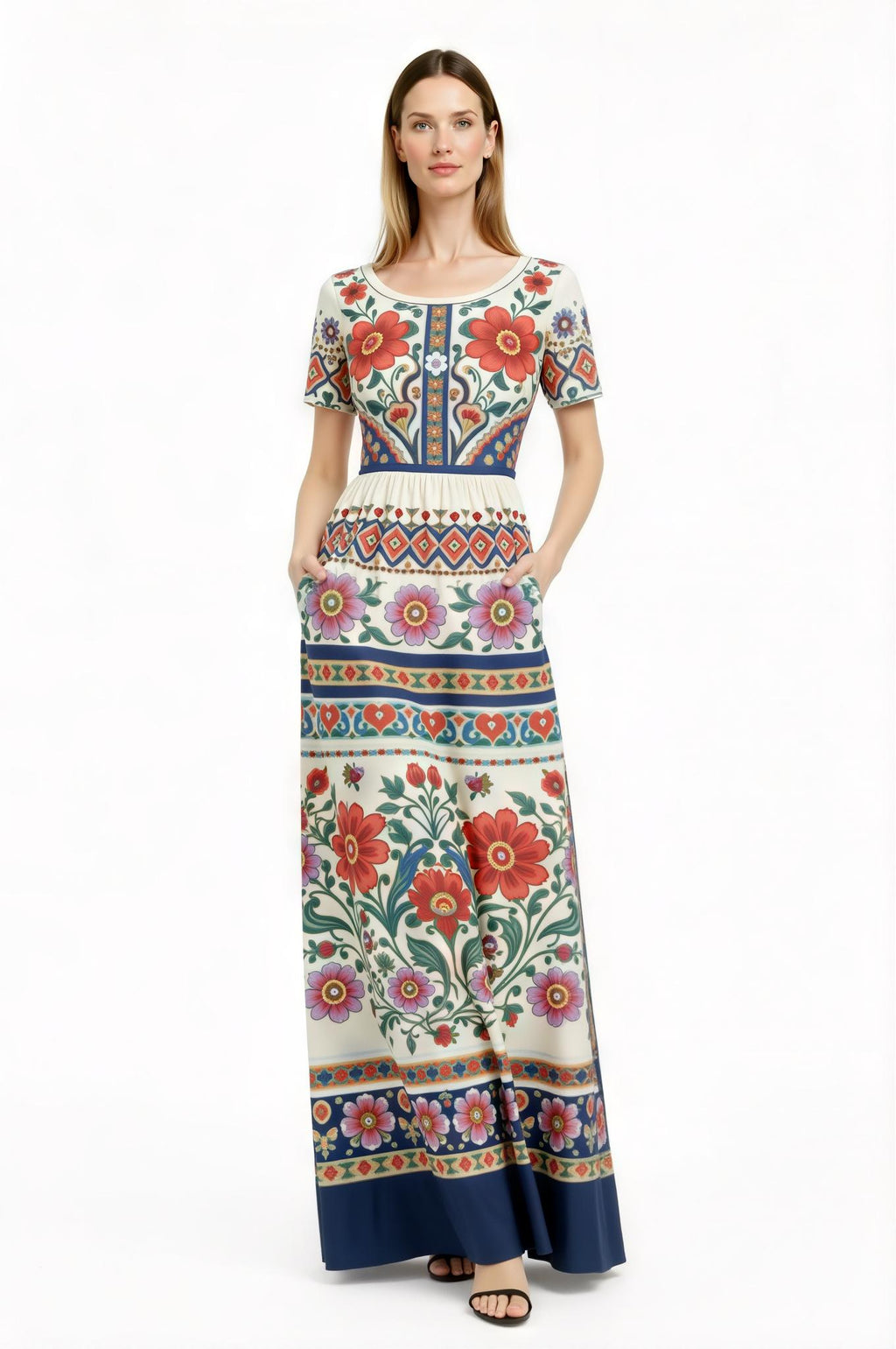 Ivory Floral Maxi Dress with Short Sleeves and Border Print A-Line Silhouette __etsy:7767066733