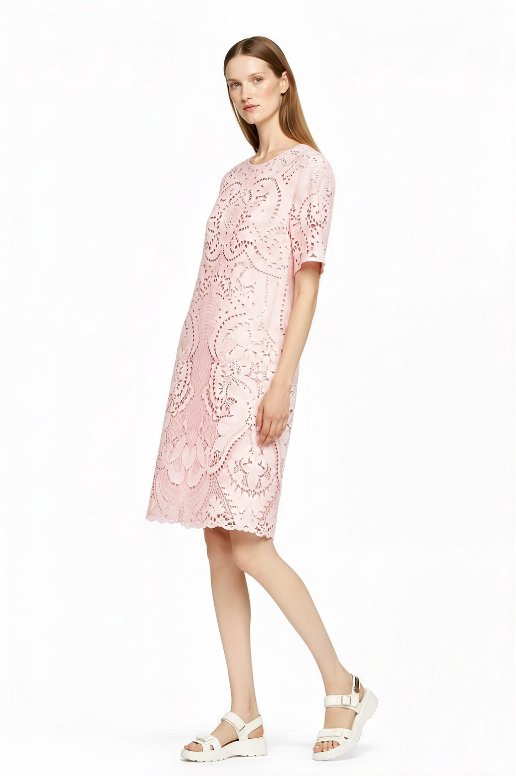 Light Blue Eyelet Print T-Shirt Dress, Lace Look Shift, Summer Casual Feminine Styling __etsy:7767665734